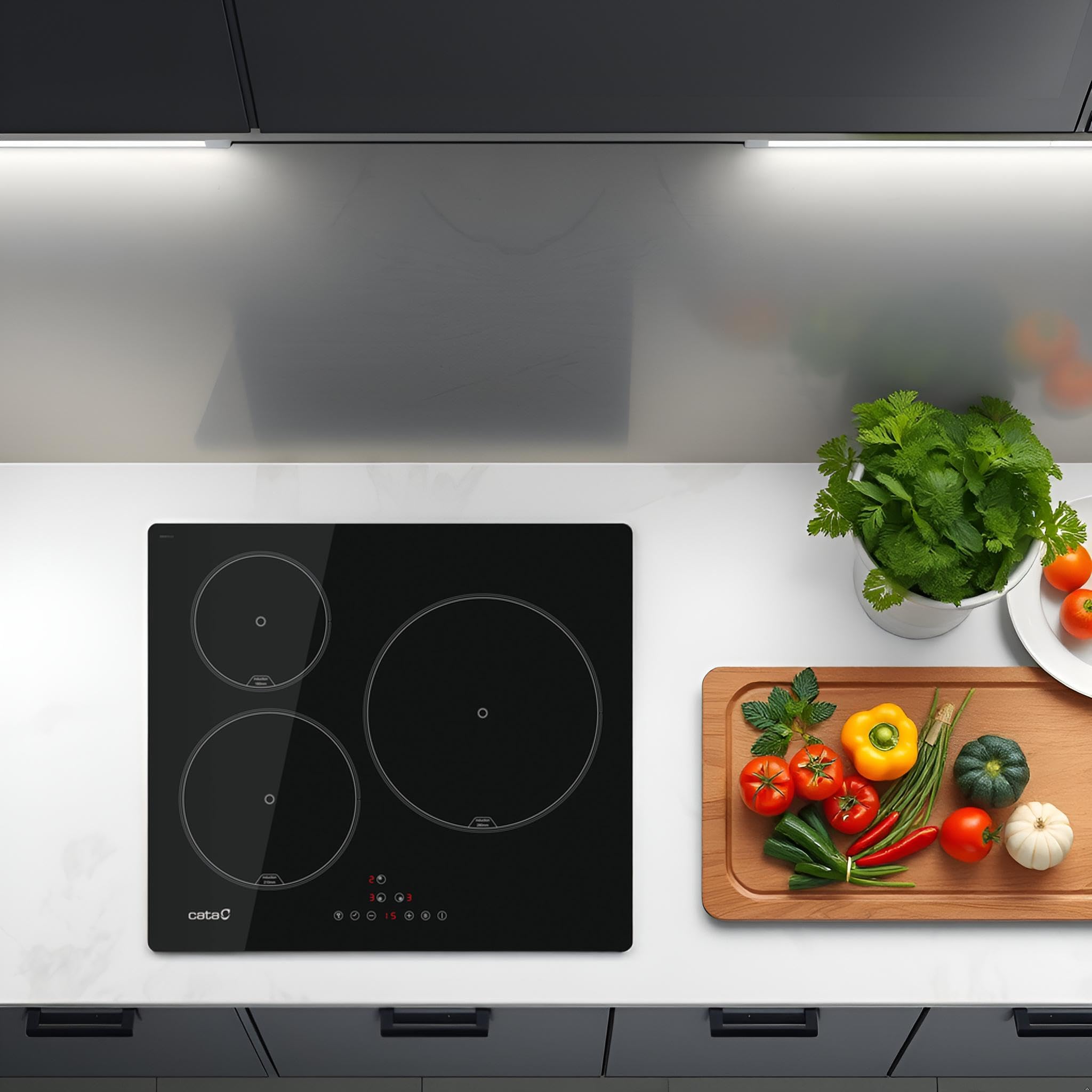 CATA Placa Inducción IB 6303 E2 BK, 3 Areas Cocción, Control Tactil, 9 Niveles Potencia Regulable, Bloqueo Seguridad, Temporizador, Color Negro