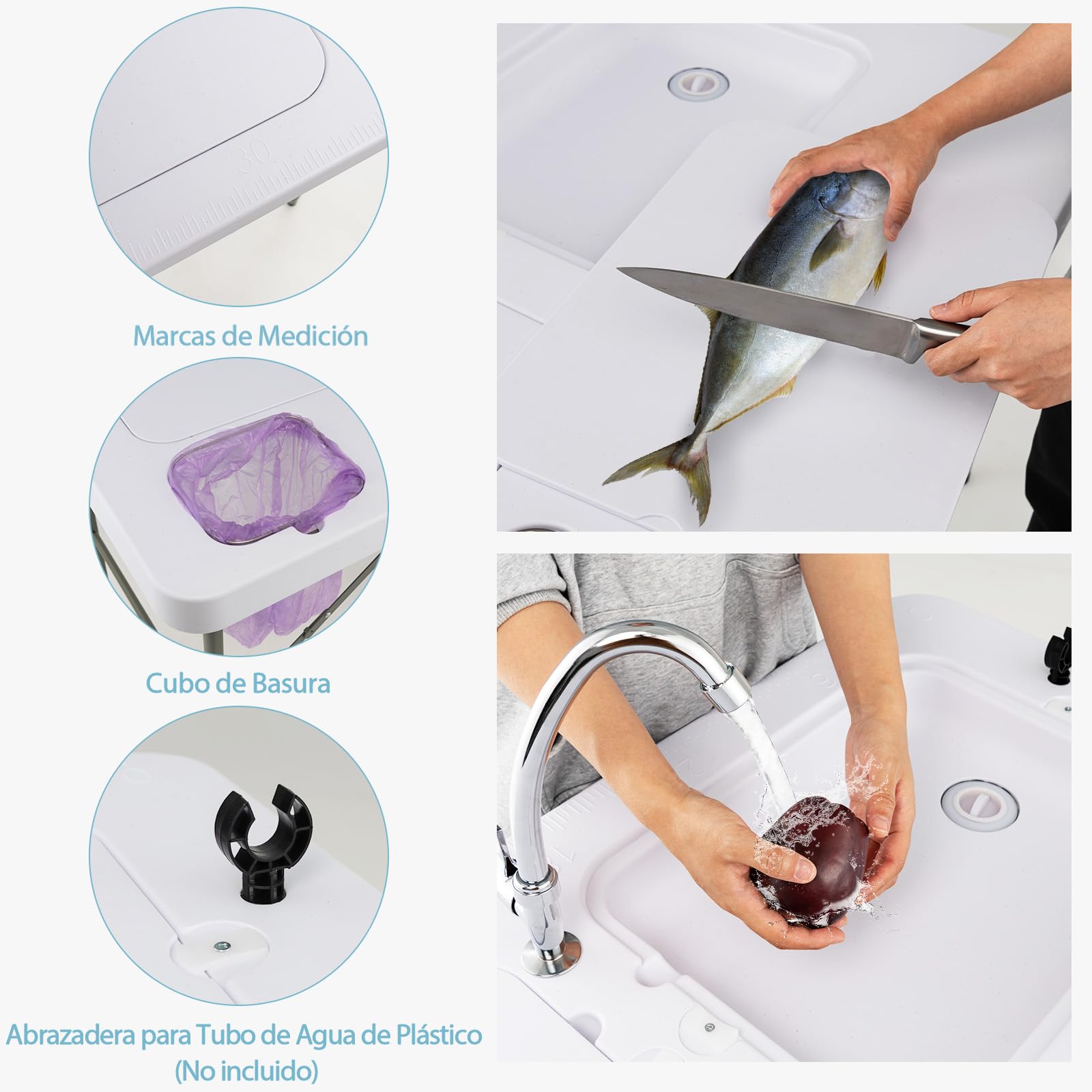 GYMAX 3 en 1 Mesa Plegable Camping Multiusos, Estación de Limpieza de Pescado con Fregadero y Grifo, Mesa de Picnic Portátil para Pesca, Barbacoa, 101,5 x 65,5 x 107,5 cm