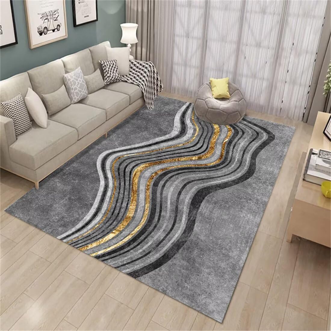 Tapis couloir long 140x200cm gris grand tapis de salon moderne à rayures abstraites