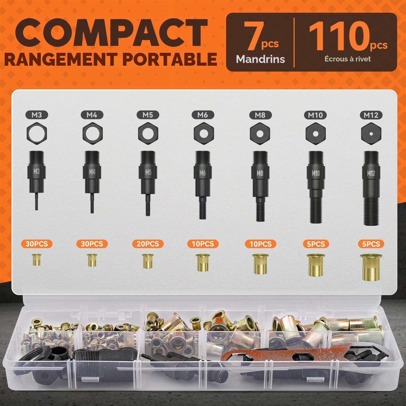 Pince à Écrou Fileté, Professionnels Pince a Insert Fileté, 14" Pince à Écrou à Riveter comprend 110 Écrous et 7 M3-M12 Mandrins Métriques, Ecrous Rivets avec Pistolet à Écrous à Double Poignée