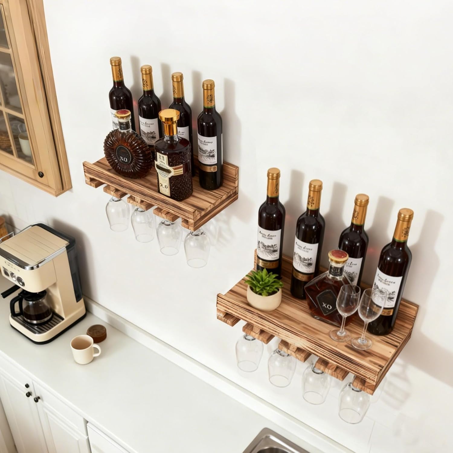 Wall Mounted Wine Rack, 2 PCS Wine Glass Rack Set, Rustic Farmhouse Floating Bar Shelves for Home, Bar, Kitchen, Living Room