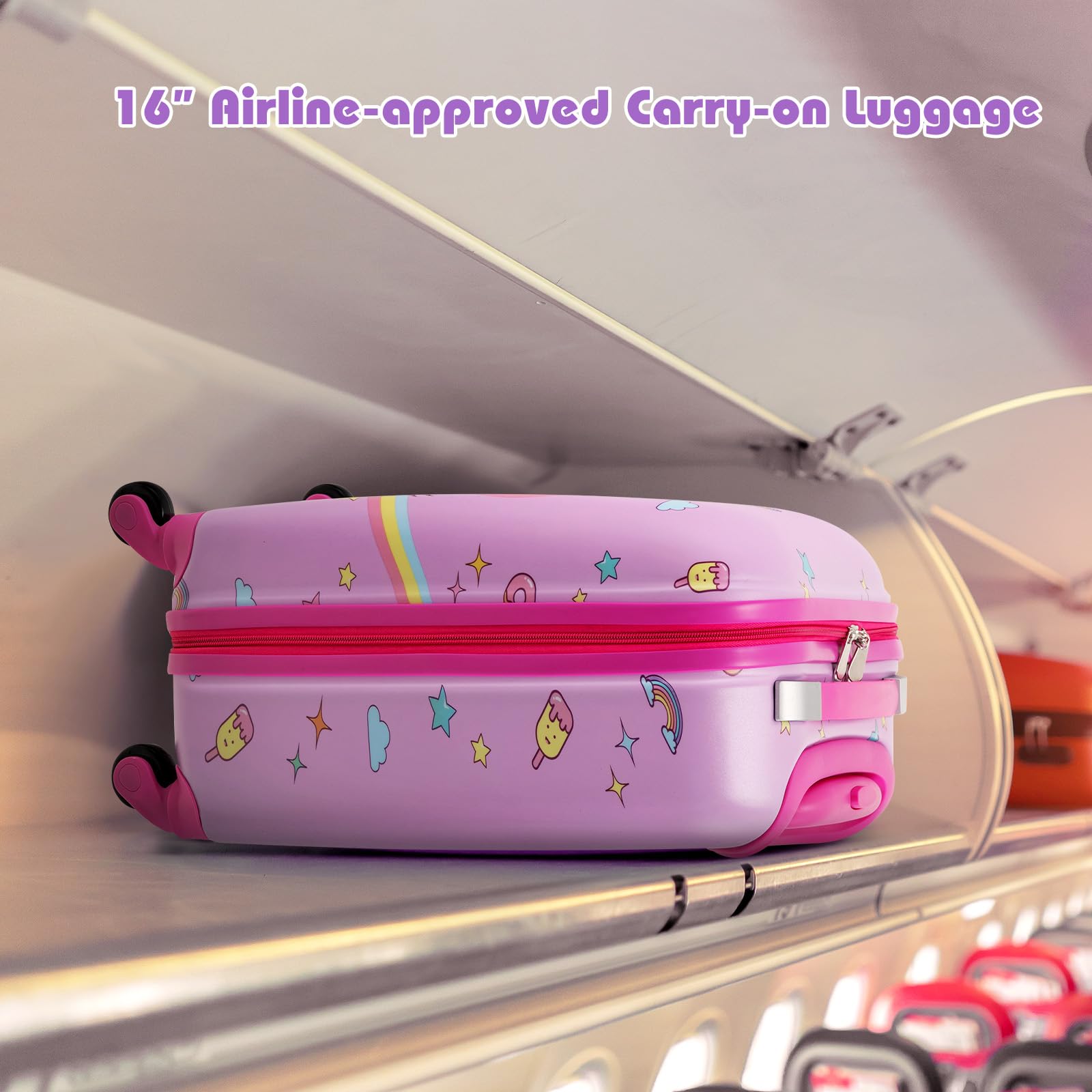 SOARS Maleta Infantil de 5 Piezas, Maleta Viaje con Mochila, Cojín Cervical, Bolsa de Almuerzo y Etiqueta de Equipaje, Equipaje Infantil con Ruedas y Asa Telescópica, para niños y niñas (Unicornio)