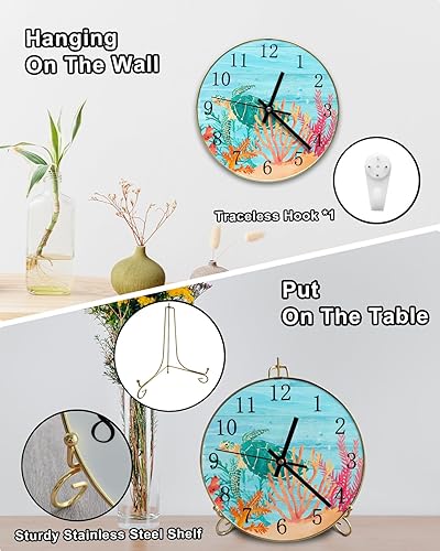 Miniatura 4 de Reloj de mesa, náutico subacuático, vida marina, tortuga, tablero de madera de coral, reloj de escritorio, funciona con pilas, no hace tictac,