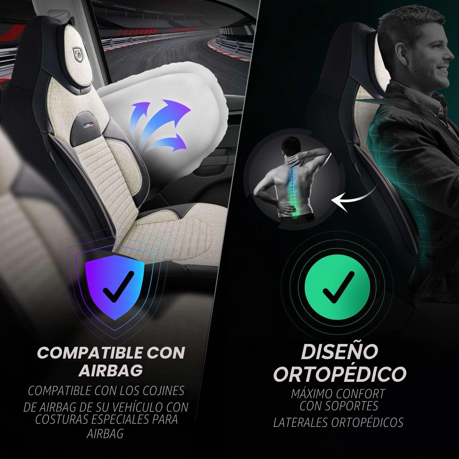 Fundas de Asiento Camper en Lino, compatibles Fiat Ducato, Citroën Jumper, Peugeot Boxer, Asientos Delanteros Conductor & acompañante, Camper & Caravana, Arena-Negro
