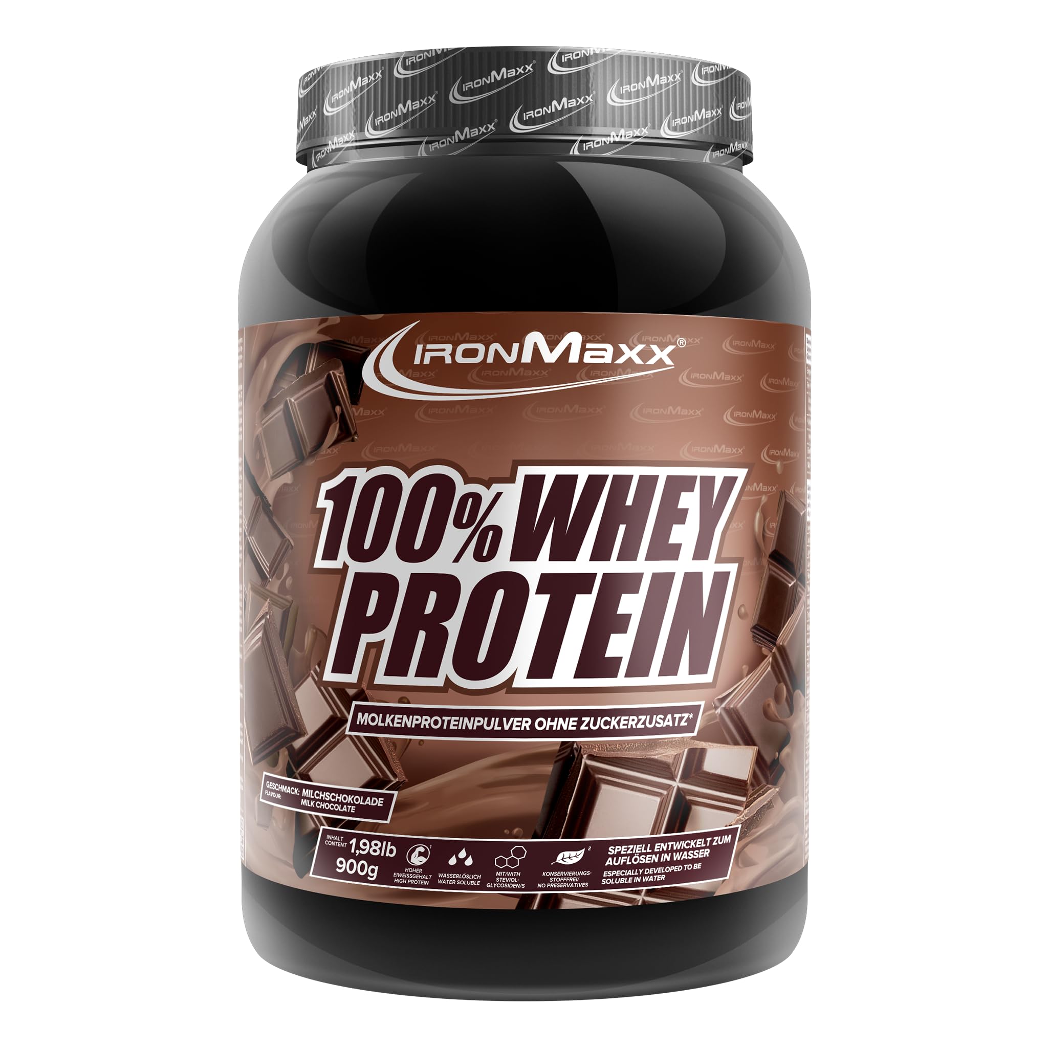 IronMaxx 100% Whey Protein Chocolat au lait – Poudre de protéines de lactosérum hydrosoluble | Riche en protéines | Contient naturellement des BCAA | Faible en sucre | Proteine Whey - 900 grammes