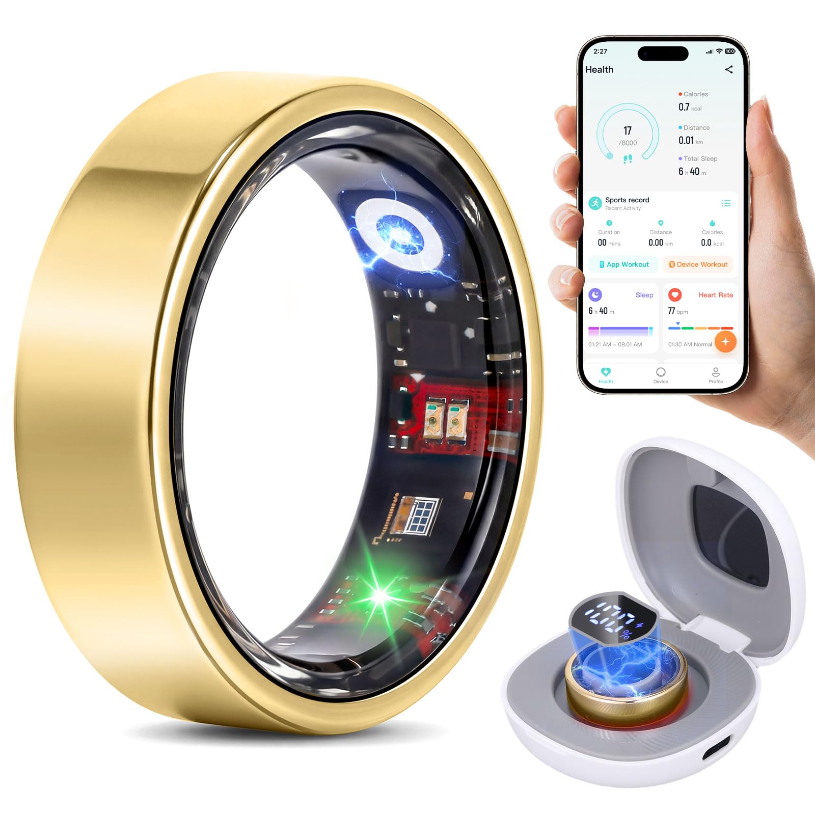 Smart Ring for Women Men - 24/7 Heart Rate, Stress & Sleep Monitoring, IP68 Waterproof Fitness Tracker, Step Counter, 11+ Sport Modes, 5-Day Battery Life, No Subscription, iOS & Android (Gold, 10)-image-37