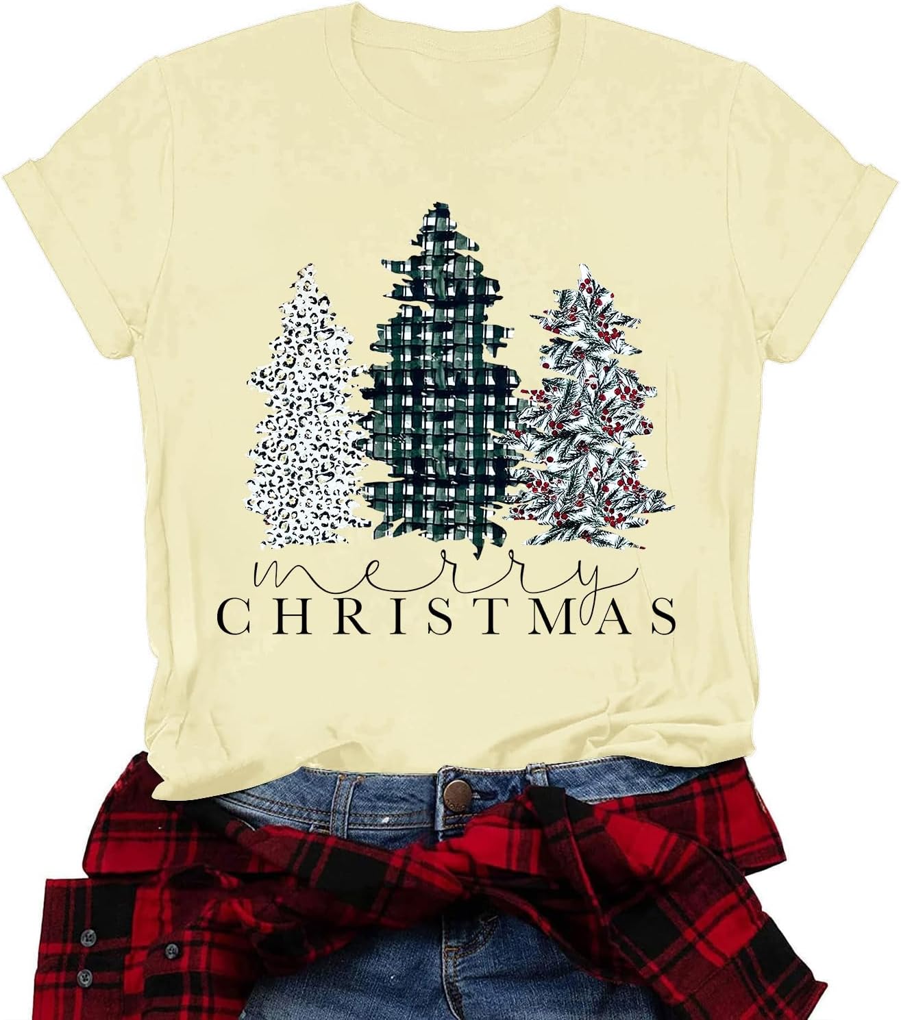 Christmas Shirts for Women Cute Xmas Tree Merry Graphic Tees Vintage Short Sleeve T-Shirt Casual Holiday Tops