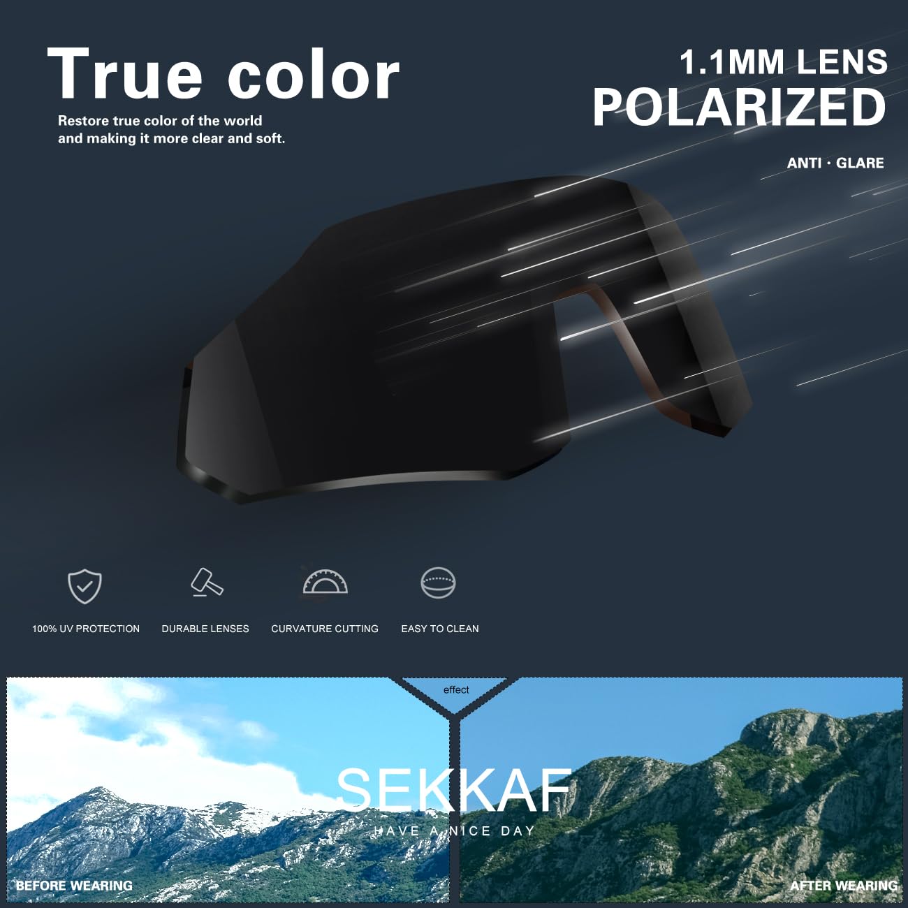 SEKKAF Gafas de sol deportivas polarizadas para hombres y mujeres, protección UV, ligeras, para correr, ciclismo, almohadillas antideslizantes para la nariz