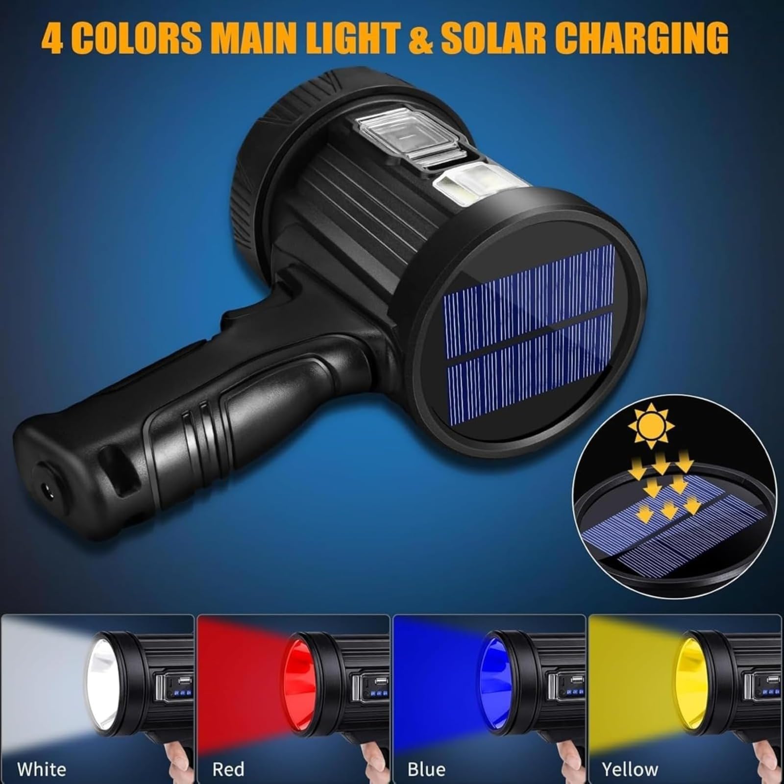 Faretto a LED ricaricabile a energia solare, super luminoso, 100000 lumen, torcia impermeabile con treppiede, 6 modalità e 3 filtri colorati, torcia portatile a lunga distanza per caccia, pesca