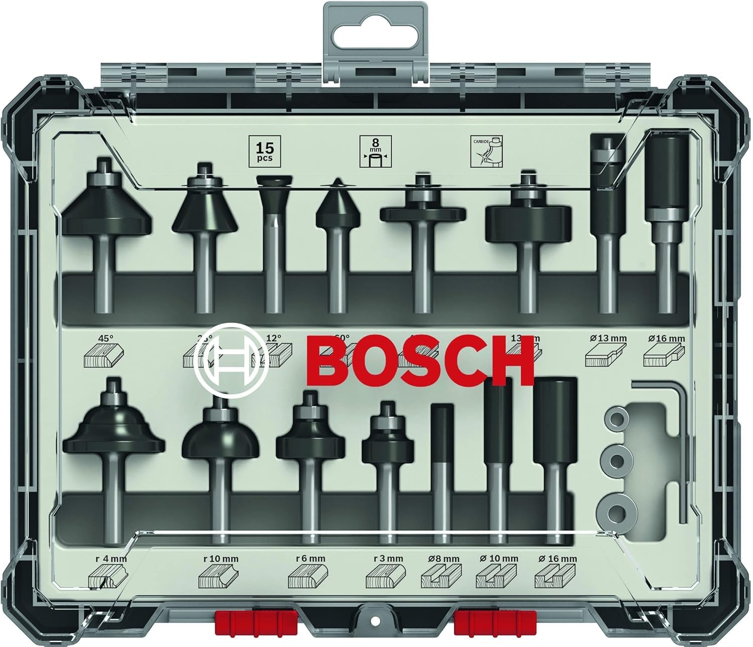 Bosch Professional 0601626001 Défonceuse GOF CE 1250 W 10000-24000 tours/min + 15 pièces Kit de Fraises Mixtes (pour Bois, Ø 8 mm Queue, Accessoires pour Défonceuses Portatives, Affleureuses)