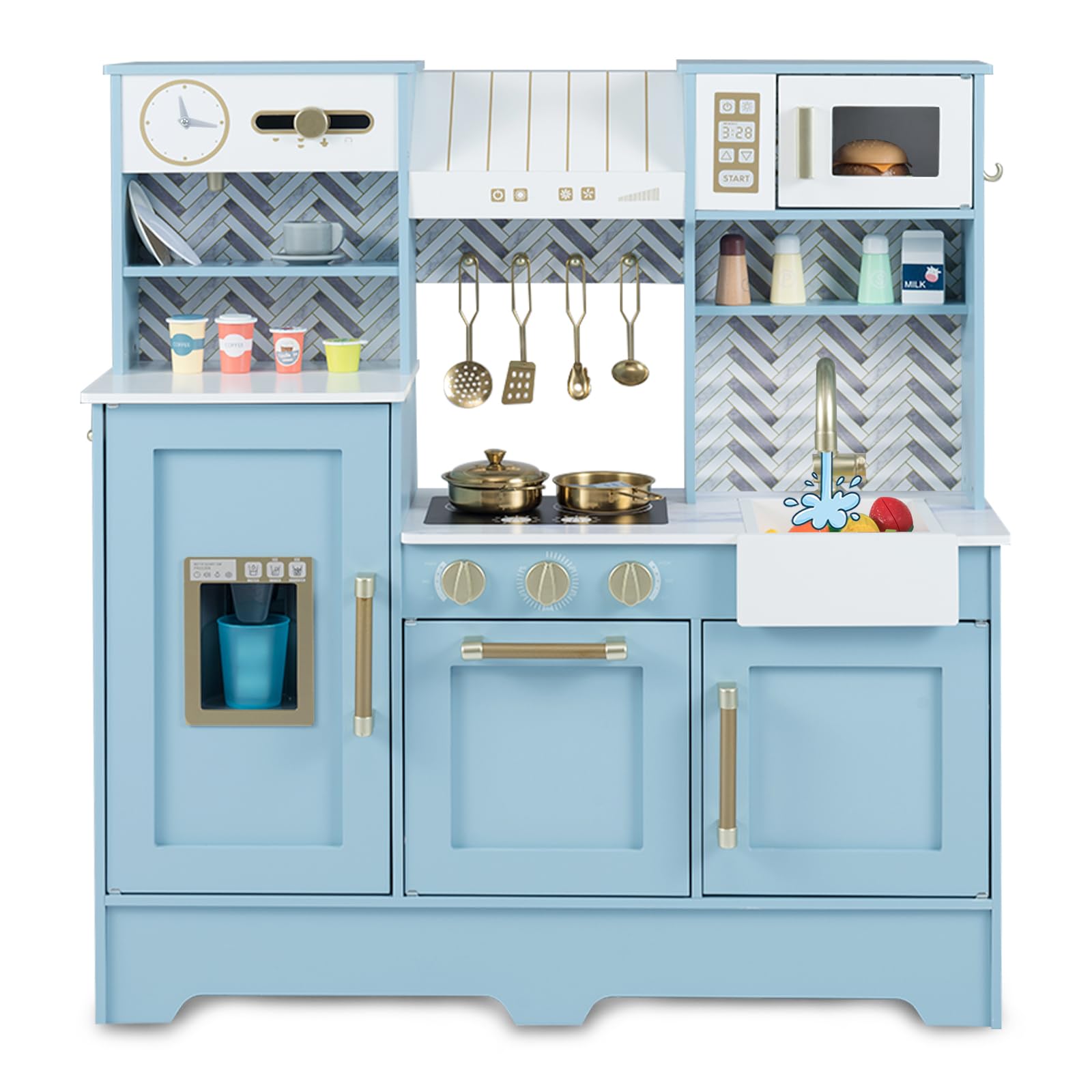COSTWAY Kids Wooden Kitchen, Pretend Play Kitchen with Coffee Station, Microwave, Range Hood, Ice Dispenser, Stove, Oven, Cabinets & Utensils, Children Cooking Chef Role Playset for Boys Girls (Blue)