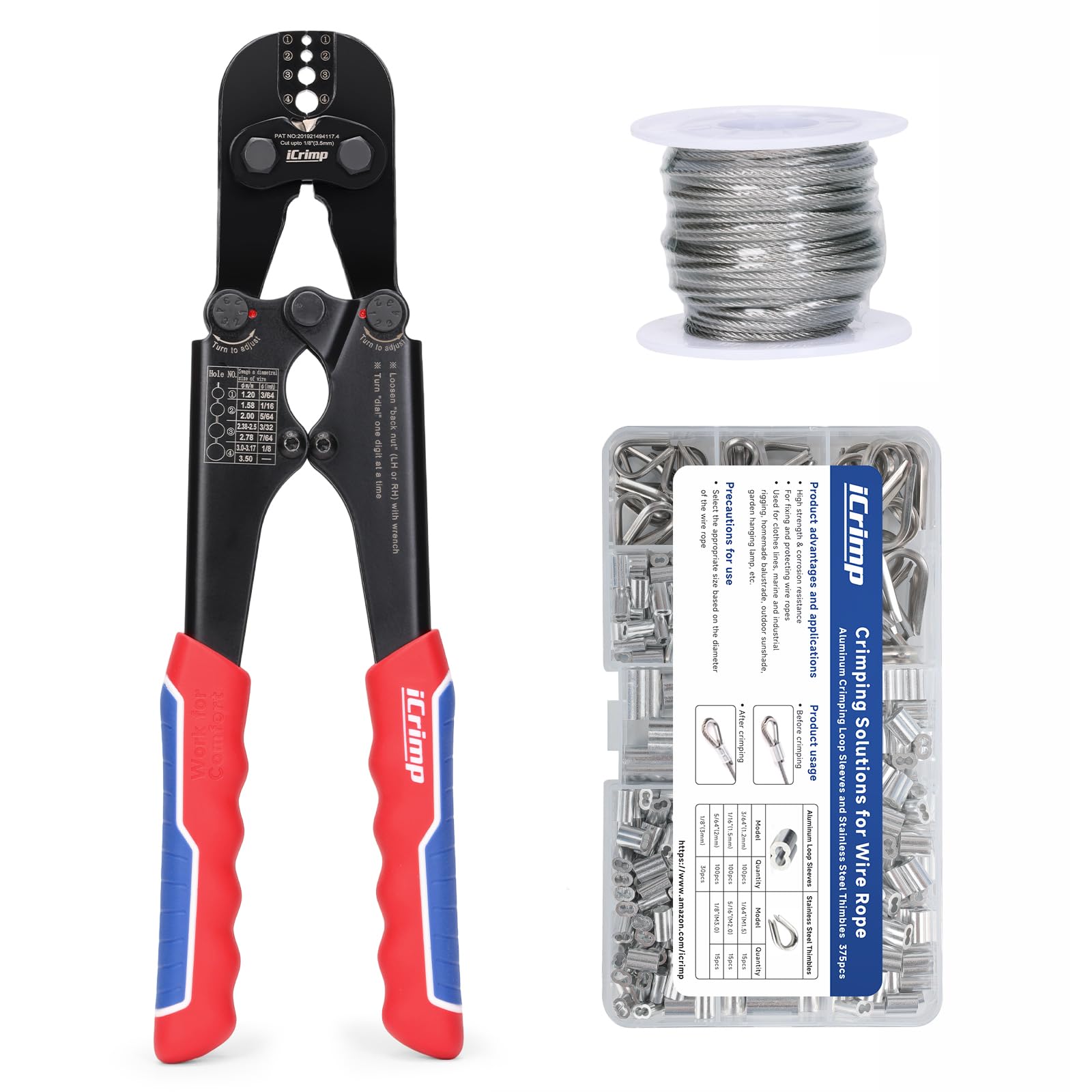 iCrimp Wire Rope Crimping Tool with Build-in Cutter, 3/64-inch to 1/8-inch, Swager Kit Includes 330pcs Loop Sleeve and 45pcs Stainless Steel Thimble