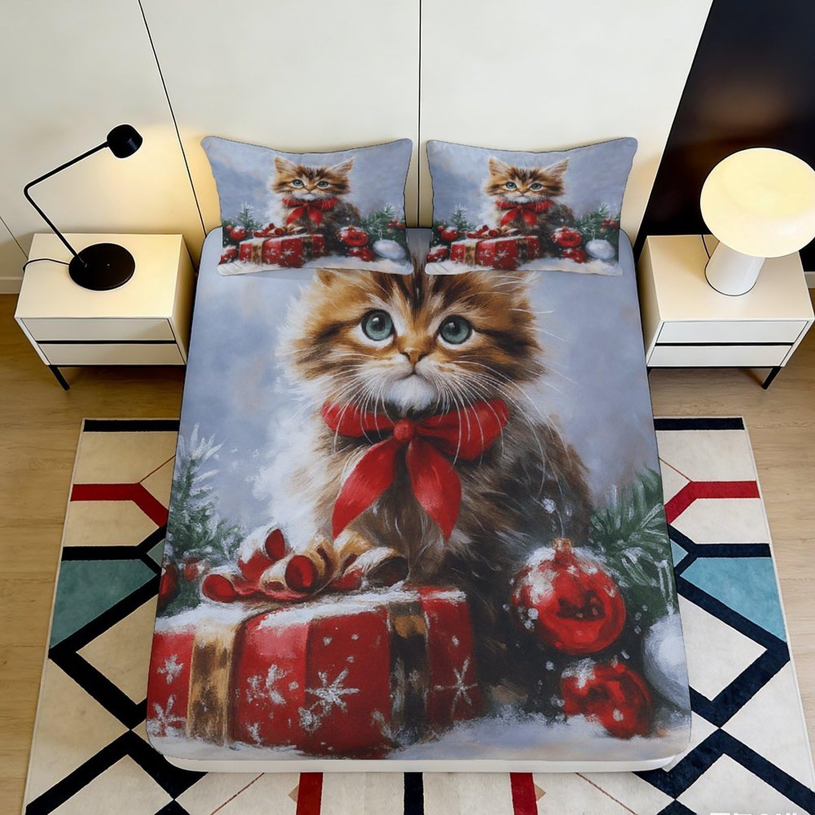 3D Printed Cute Kitten Fitted Sheet Microfiber Soft Breathable Mattress Cover for Bedroom Dormitory Guest Room Mattress Protection Decor 200x200x25cm