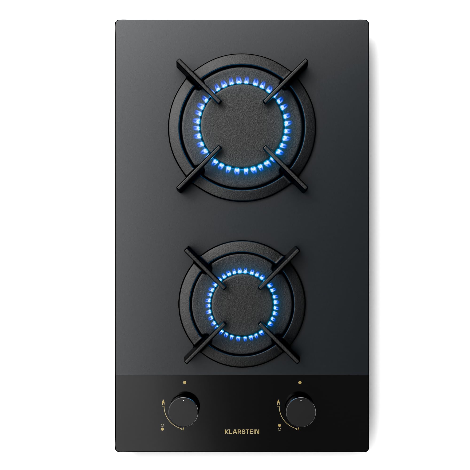 Klarstein Goldflame Nano Płyta gazowa, 2 palniki, 30 cm, Palniki mosiężne i żeliwne ruszty, 4200 W, Szkło z powłoką nano, Zabezpieczenie płomienia i automatyczny zapłon, Przezbrojenie LPG/gaz ziemny