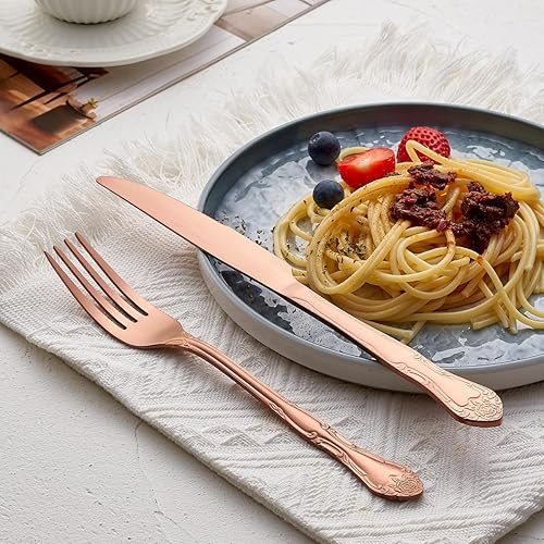 Miniatura 10 de Tenedores de postre de oro rosa mate, tenedores de acero inoxidable con acabado satinado, juego de 6 tenedores para ensalada, diseño de patrón rosa,