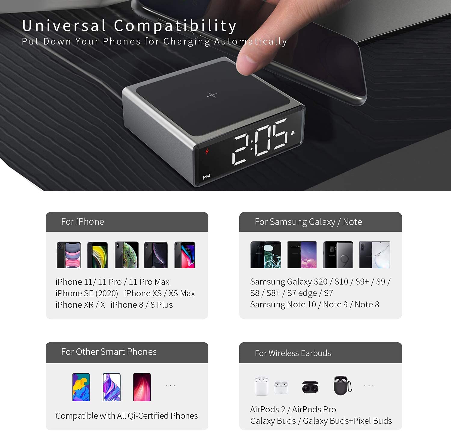 Pequeño Reloj de Alarma de Metal con Carga inalámbrica Qi - Clear Digital DIRIGIÓ Pantalla con 4 Brillo 12/44H Snooze for la Oficina de Noche de Dormitorio, Compatible con (Plata)