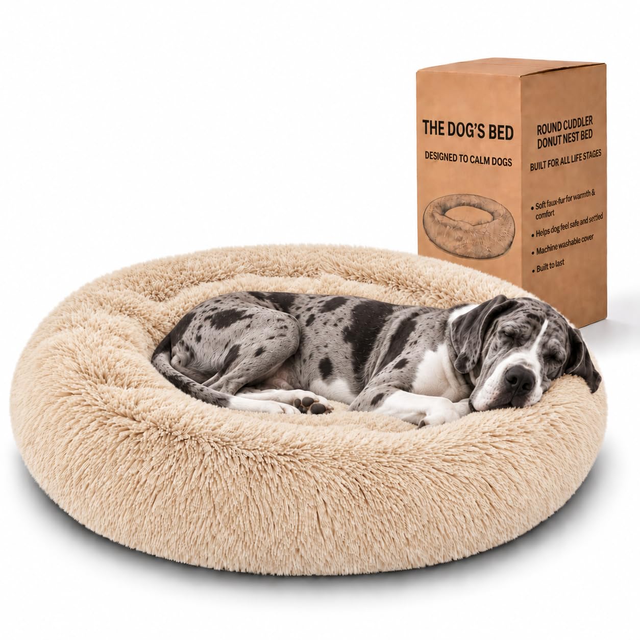 The Dog’s Bed Calming Donut Dog Bed, Plush Faux Fur Round Cuddler Nest – Removable Washable Zip Cover, XXL Beds - 137cm Diameter, Beige Fur