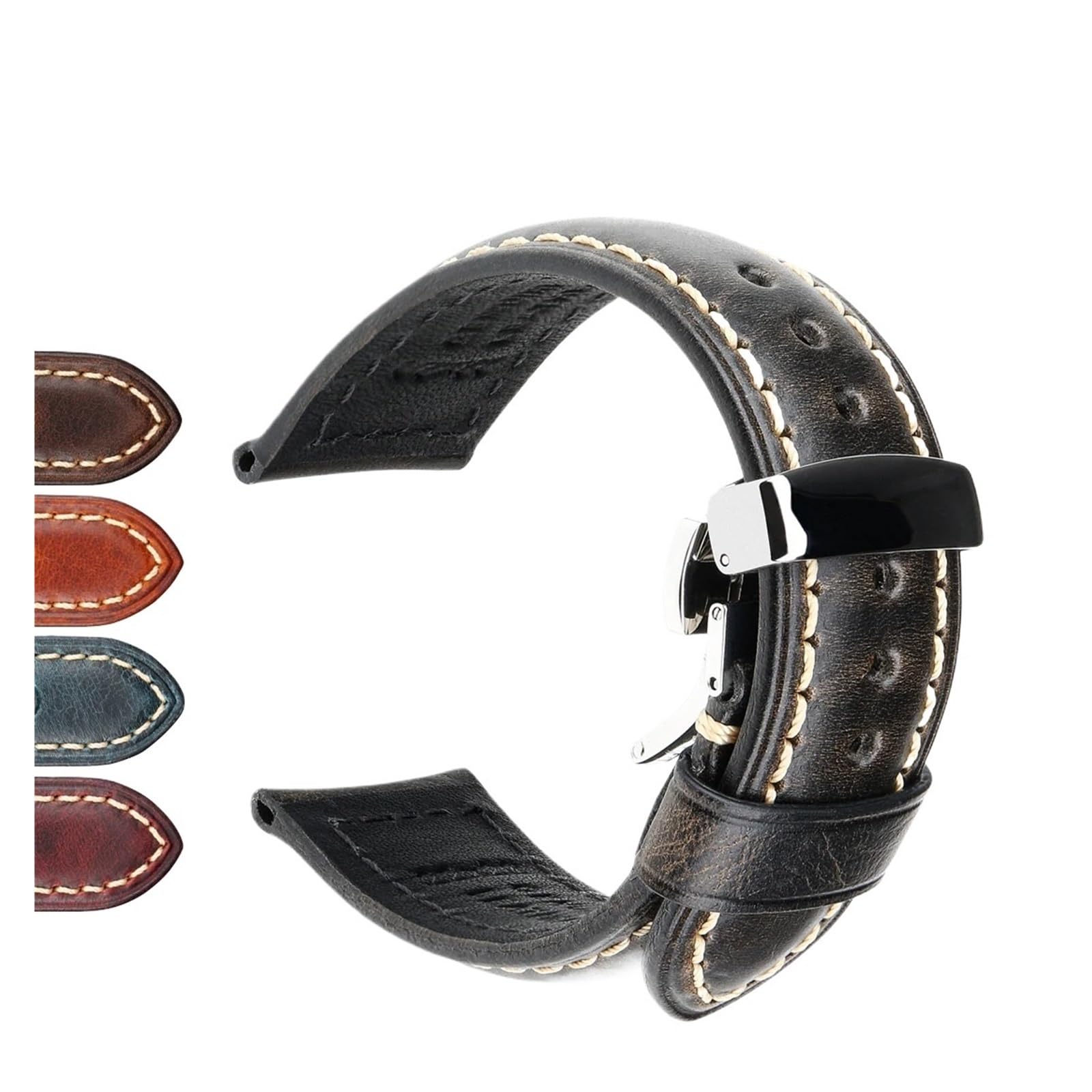 FYYFS Ręcznie robiony pasek do zegarka, 20 mm 22 mm 24 mm Vintage prawdziwy skórzany pasek z klamrą motylkową Pasek do smartwatcha Kompatybilny z Panerai, niebieski / szary, 18mm