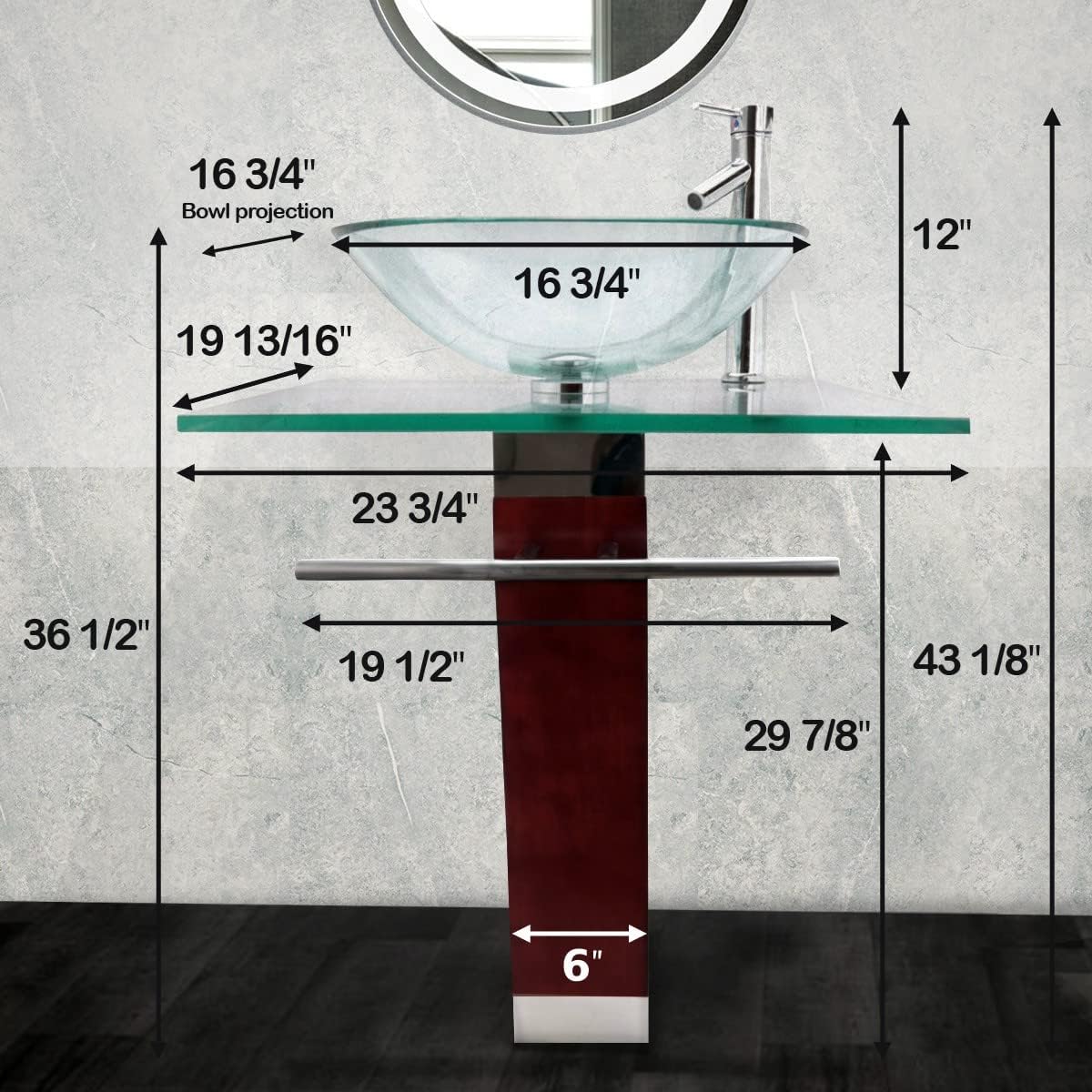 Renovators Supply Bohemia Glass Pedestal Sink Crystal Clear Countertop Modern Vanity Round Vessel Sink, Chrome Faucet, Pop Up Drain, Towel Bar, Tempered Glass Counter And Wood Pedestal Combo Pack Of 2