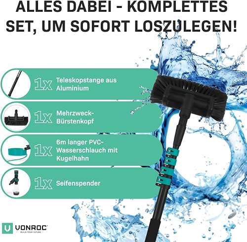 VONROC Window Cleaner with Telescopic Rod 4.6 m - Car Wash Brush with Handle, Professional Window Wiper with Washing Brush for Windows, Solar System - Includes Brush, Hose, Soap Dispenser - 7