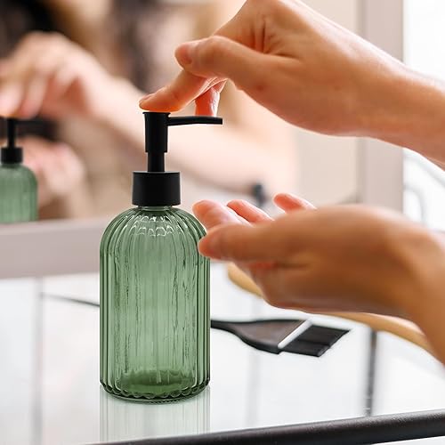 Miniatura 7 de Dispensador de jabón de vidrio verde de 14 onzas con bomba negra, recargable para jabón de manos, jabón de platos, loción, adecuado para cocina,