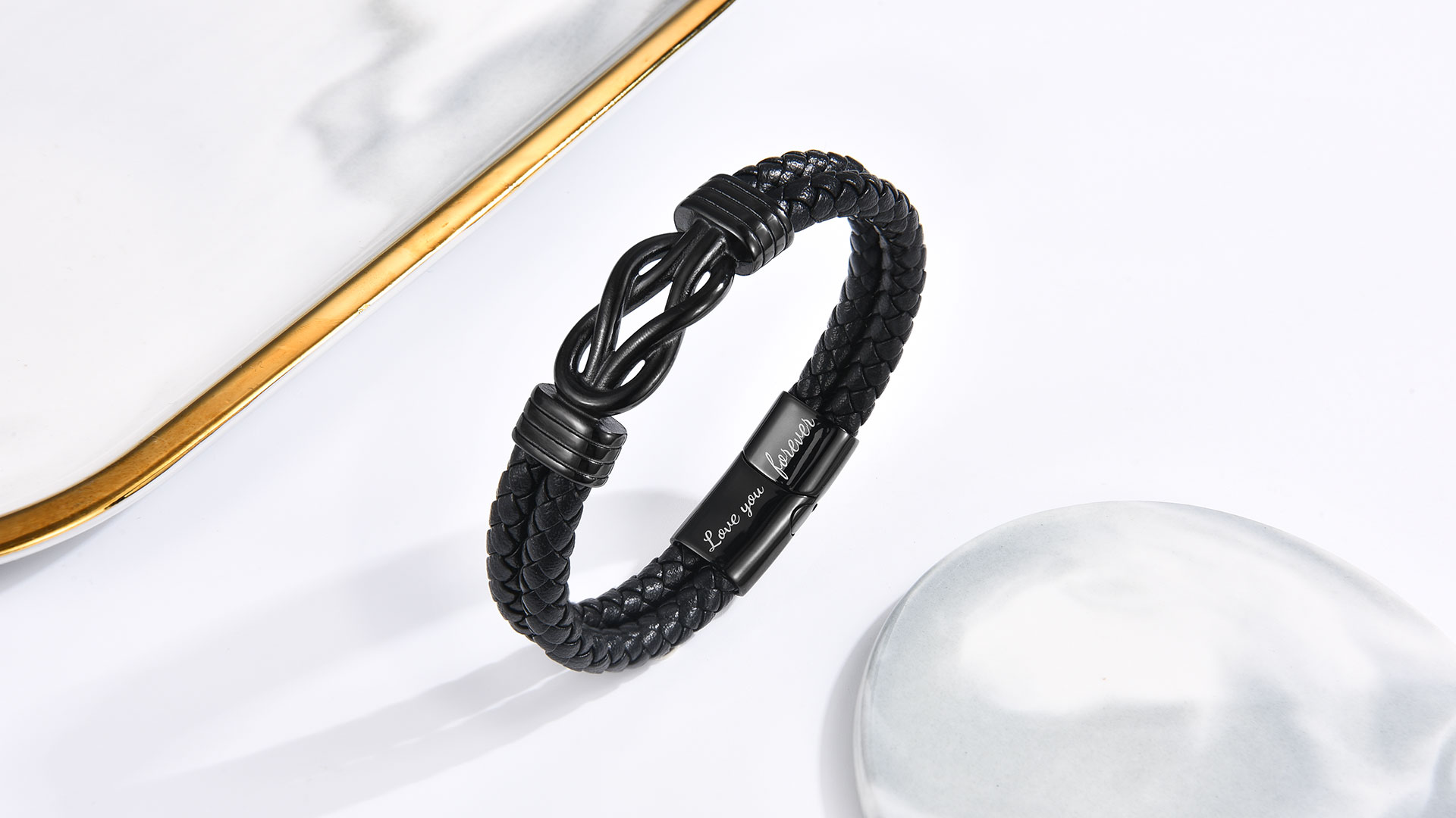 Pulsera trenzada negra de cuero con nudo infinito miniatura 7
