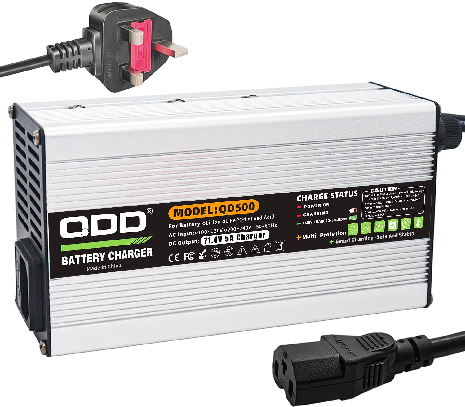 QDD Cargador de batería de iones de litio de 60 V, 71,4 V, 5 A, salida de carcasa de aluminio plateado, conector C13 N+L, utilizado para batería de litio de 17S 60 V