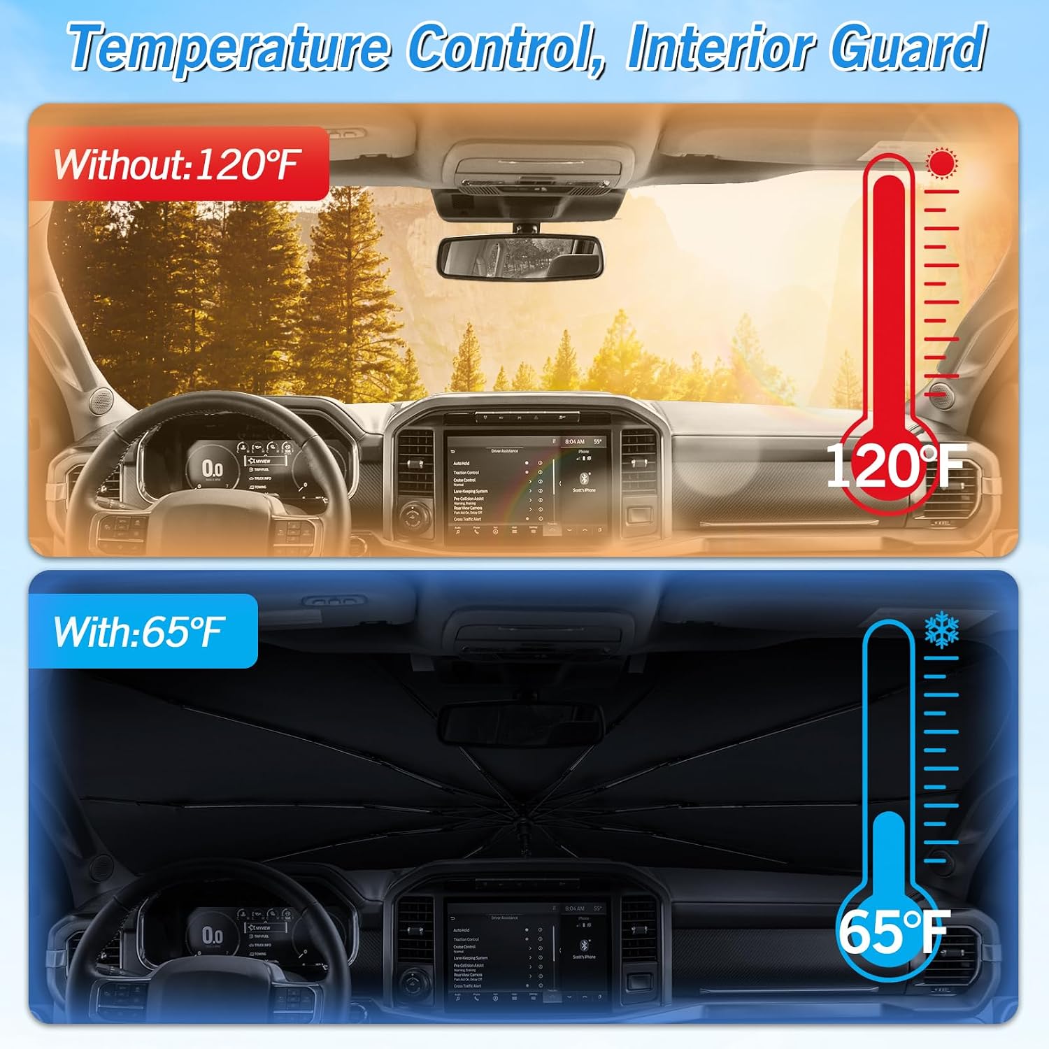 KUST Windshield Sun Shade Umbrella for Ford F150 Hybrid 2021 2022 2023 2024 2025 2026 Rear Window Shades 100% UV Protection and Blackout Privacy 5PCS Car Window Covers Accessories