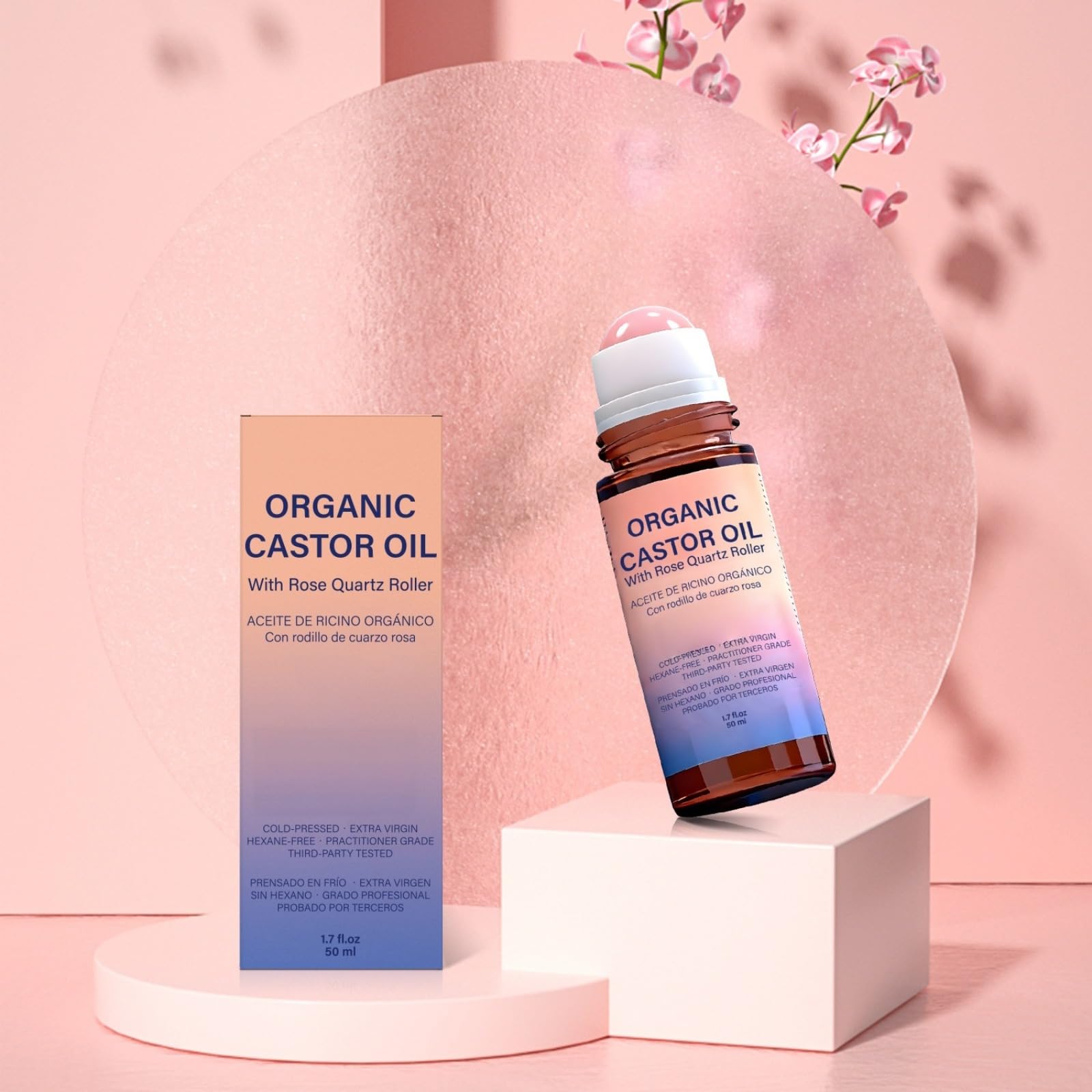 Organic Castor Oil Roll-On, Rose Quartz Roller, Cold Pressed, 50 ml