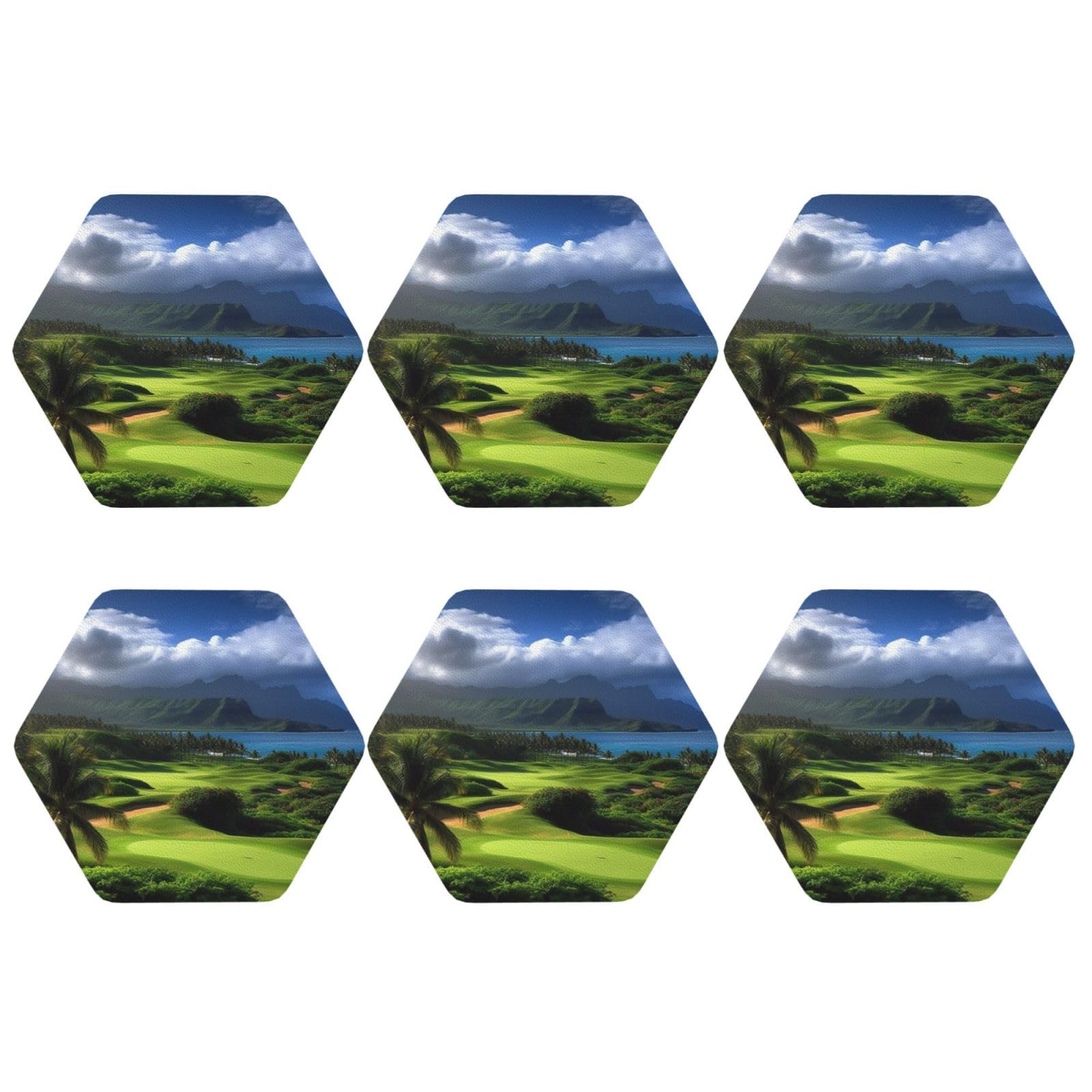 6pcs Leather Coasters for Drinks, Scenic Hawaii Golf Tropical Drink Coasters for Tabletop Protection, 4" Cup Coasters for Coffee Table Decor, Non-Slip Drinking Cup Mat for Hot Or Cold Drink