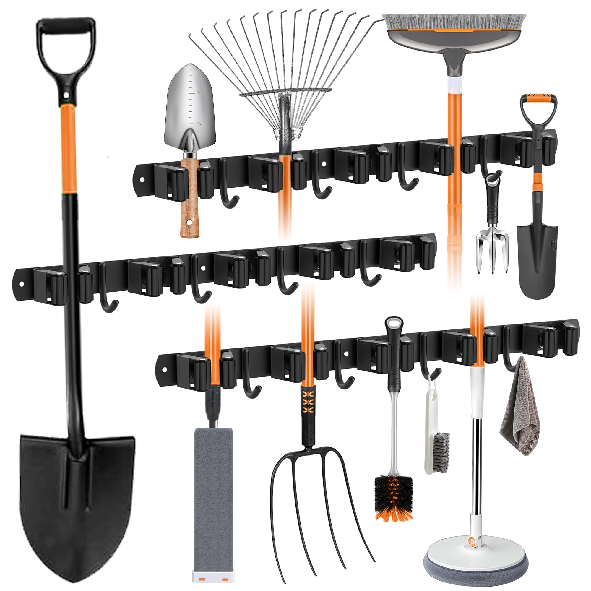 3 Stück Besenhalterung Wand, 15 Halter + 12 Haken Edelstahl Gerätehalter, Selbstklebend Gartengerätehalter and Besenhalter, Schwarz Wandhalterung Aufhänger für Besen