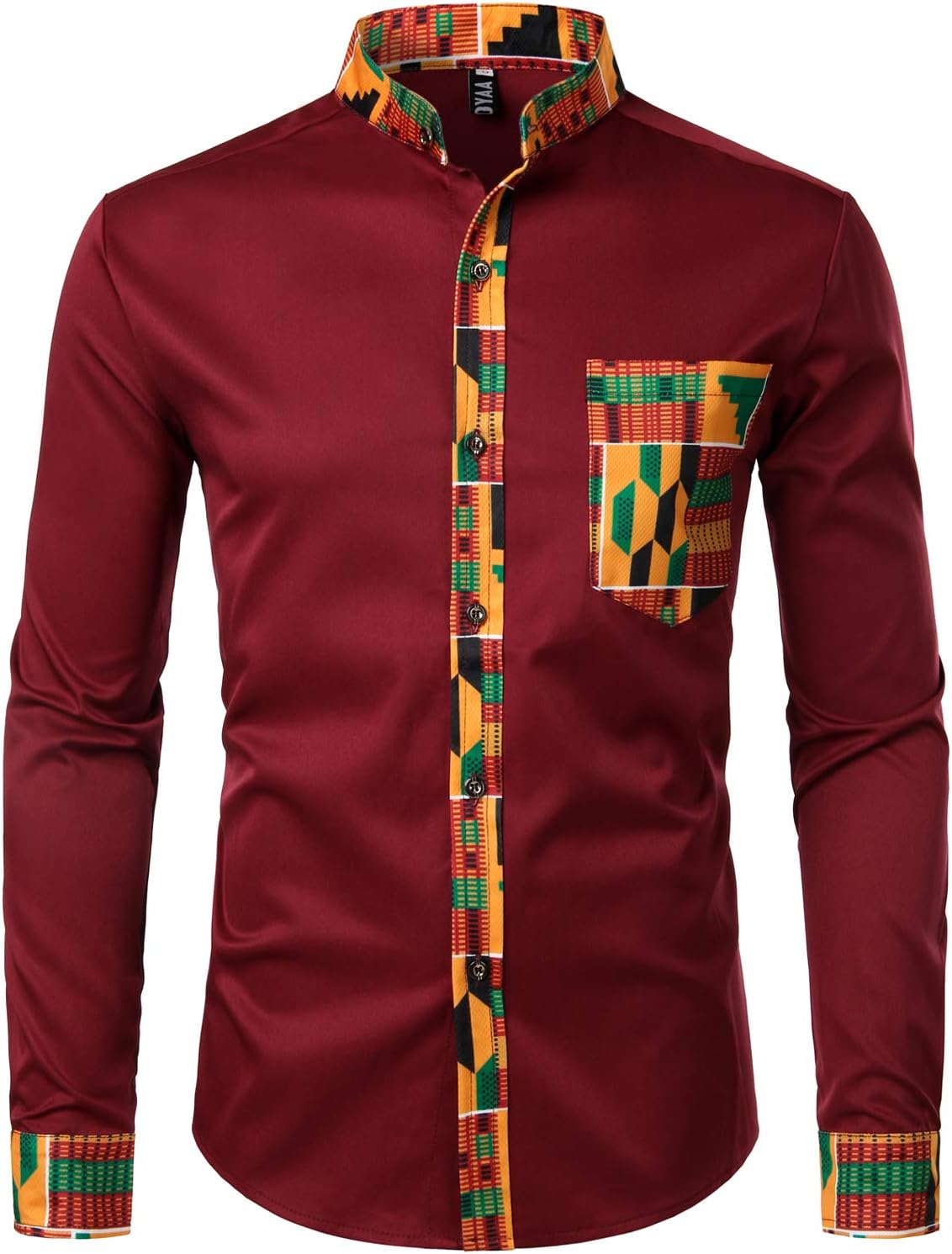 ZEROYAA Men's Hipster African Tribal Graphic Patchwork Design Slim Fit Long Sleeve Button up Mandarin Collar Shirts