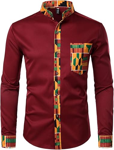 ZEROYAA - Camisas de vestir para hombre, estilo hipster, con diseño gráfico de patchwork tribal africano, ajuste slim, manga larga, botones y cuello