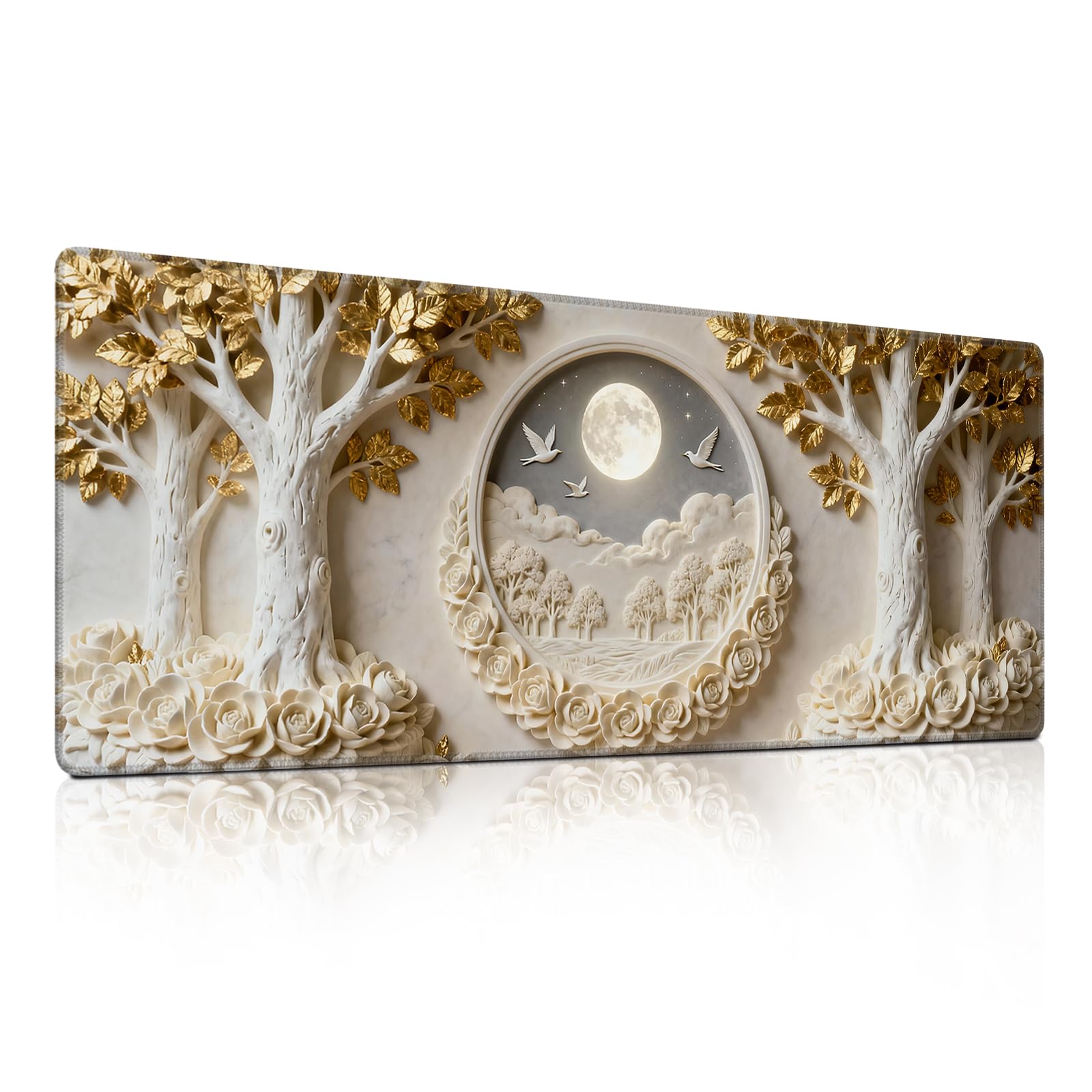 Gold Leaf White Rose &amp; Full Moon Mouse Pad, Luxury Relief Dove Decor Desk Mat - Large Non-Slip Office PC Laptop Desk Pad - 31.5"x11.8" x 3mm
