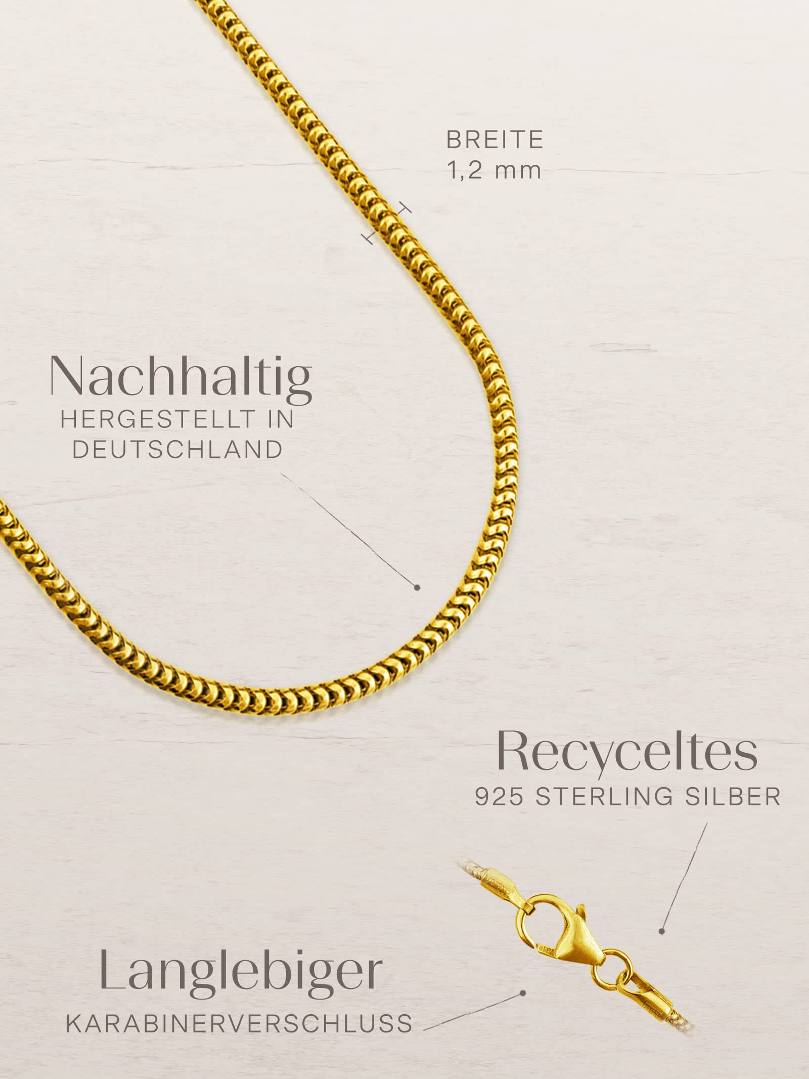 modabilé Schlangenkette Damen Halskette Vergoldet 925er Sterling Silber (35cm-90cm 1,2mm breit) Goldkette ohne Anhänger Goldene Kette 925 Frauen