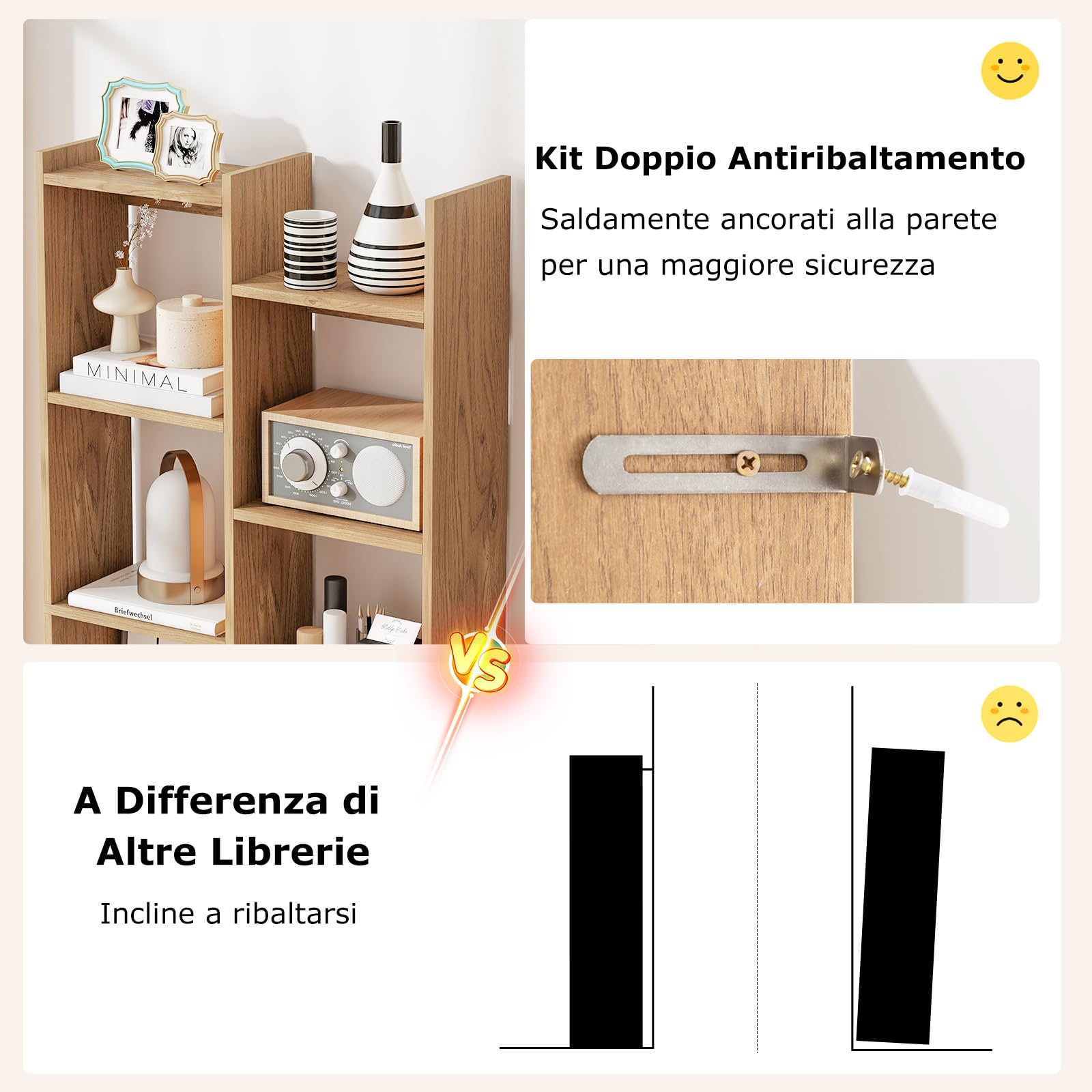 COSTWAY Scaffale in Legno per Libri, Libreria a 12 Ripiani con Kit Anti-Ribaltamento, Unità di Stoccaggio a Forma di Albero, Ideale per Casa Ufficio, 65 x 20 x 162 cm (Naturale)