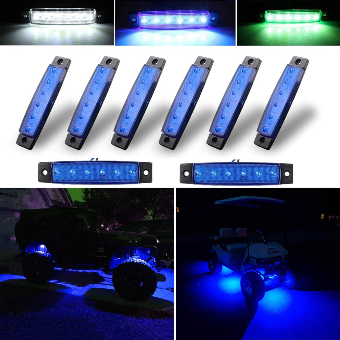 Botepon Led Rock Lights, Strip Lights, Wheel Well Light, Underglow Lamp, Neon Lighting For Car, Golf Cart, Offroad, Snowmobile, SUV, ATV, Crawling, Boat, Cargo, Motorcycle, Pickup Bed, Blue, 8Pcs