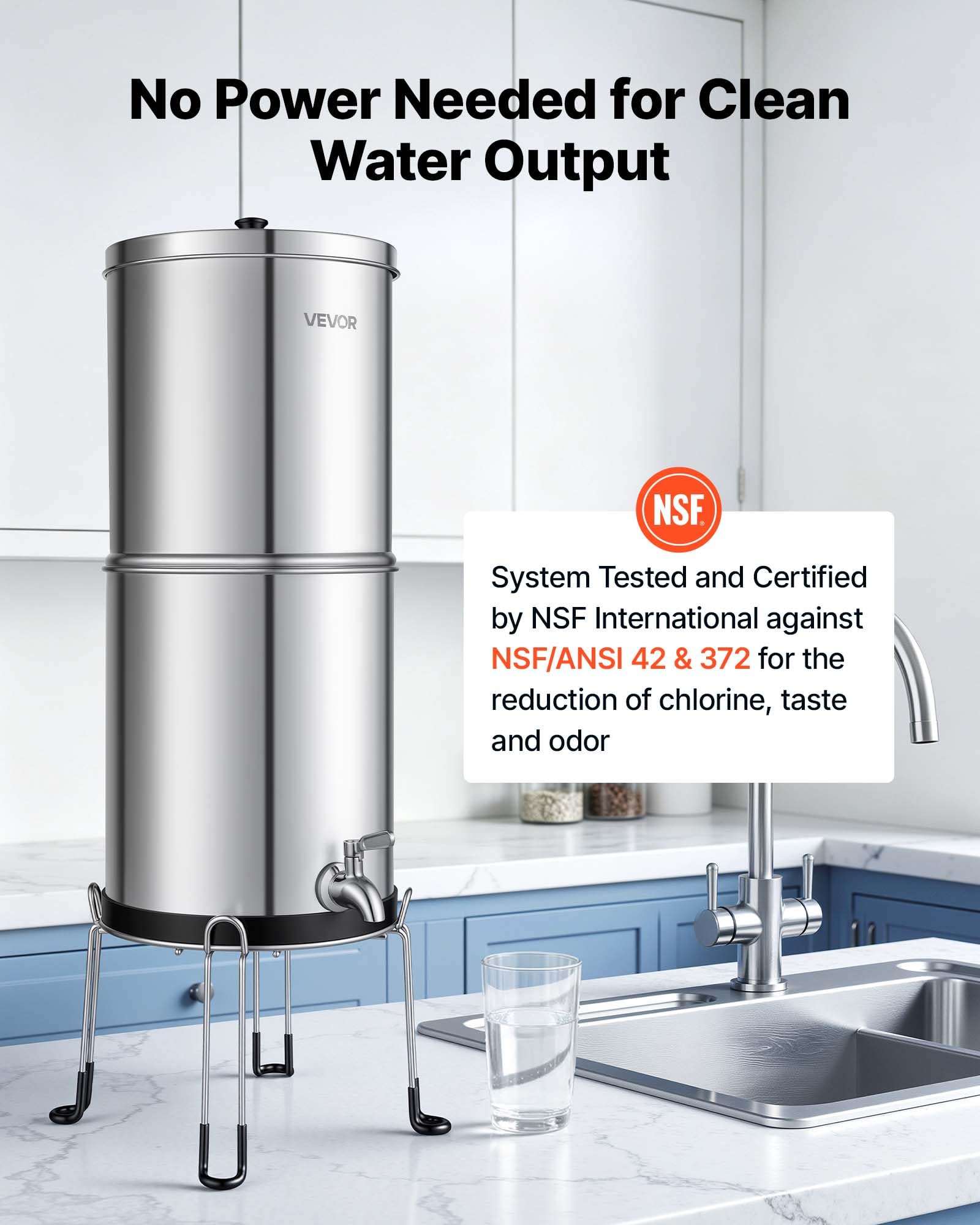 VEVOR Sistema de Filtración de Agua por Gravedad 8,52 L Acero Inoxidable, Reduce el Plomo y Hasta el 99% del Cloro, Con 2 Filtros de Carbón, Con Grifo y Soporte, Para Encimera, Para Hogar, Camping