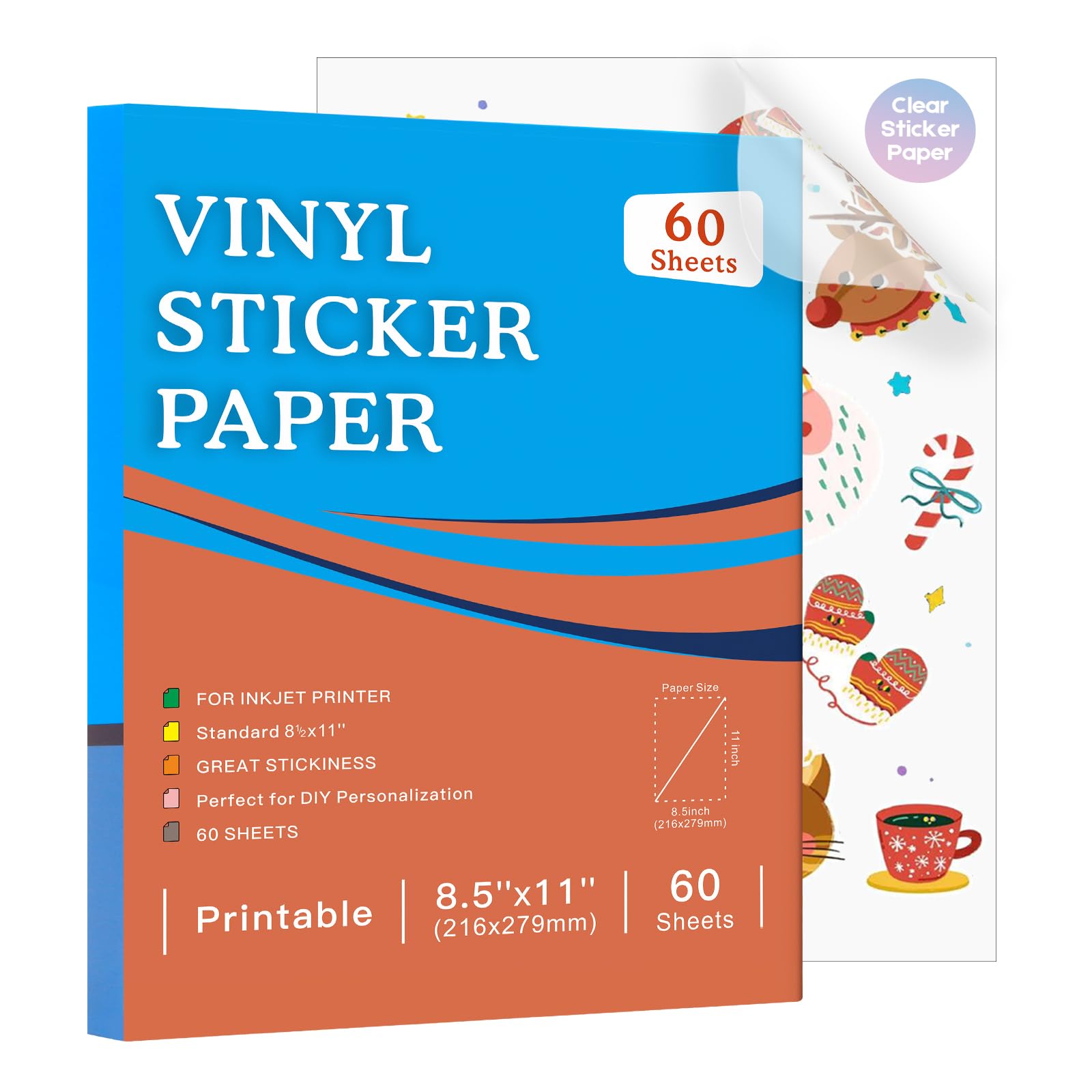 60 Sheets Premium Printable Vinyl Sticker Paper for Inkjet Printer, Clear 8.5x11 Inch Sticker Paper Waterproof, Dries Quickly, Vivid Colors, Tear Resistant, Great for Cutting Machines