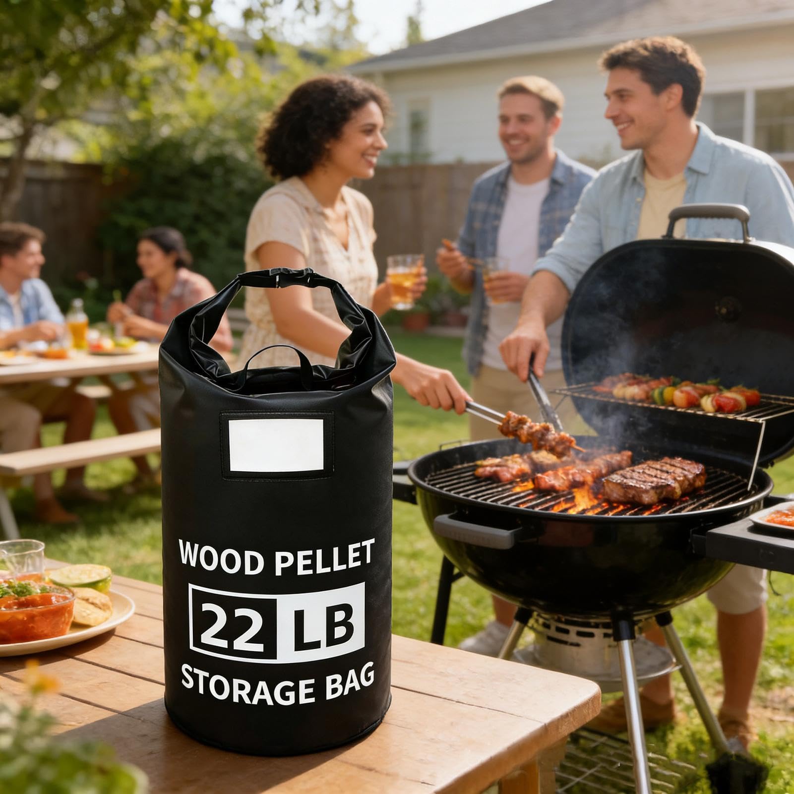 Holzpellet Lagerbehälter 10kg Wasserdicht: Tasche für Smoker-Pellets – Trockene Aufbewahrung mit Tragegriff & Etikettenfach, robuste Pelletbox für Grill, Holzkohle & Holzchips, Schwarz