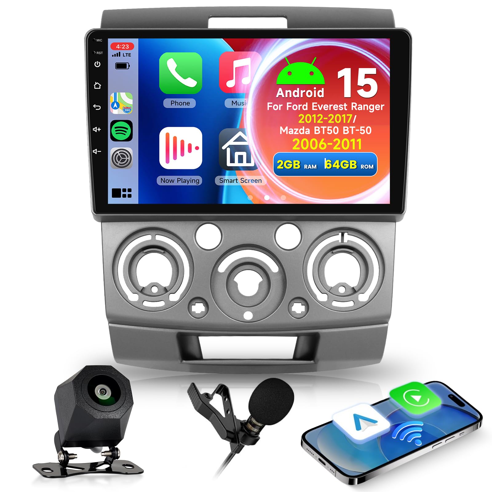 Hodozzy 2GB 64GB Android Autoradio per Ford Everest Ranger 2012-2017/Mazda BT50 BT-50 2006-2011 Wireless Carplay Android Auto, 9 Pollici Touchscreen Stereo GPS WiFi Bluetooth Radio FM/RDS Retromarcia