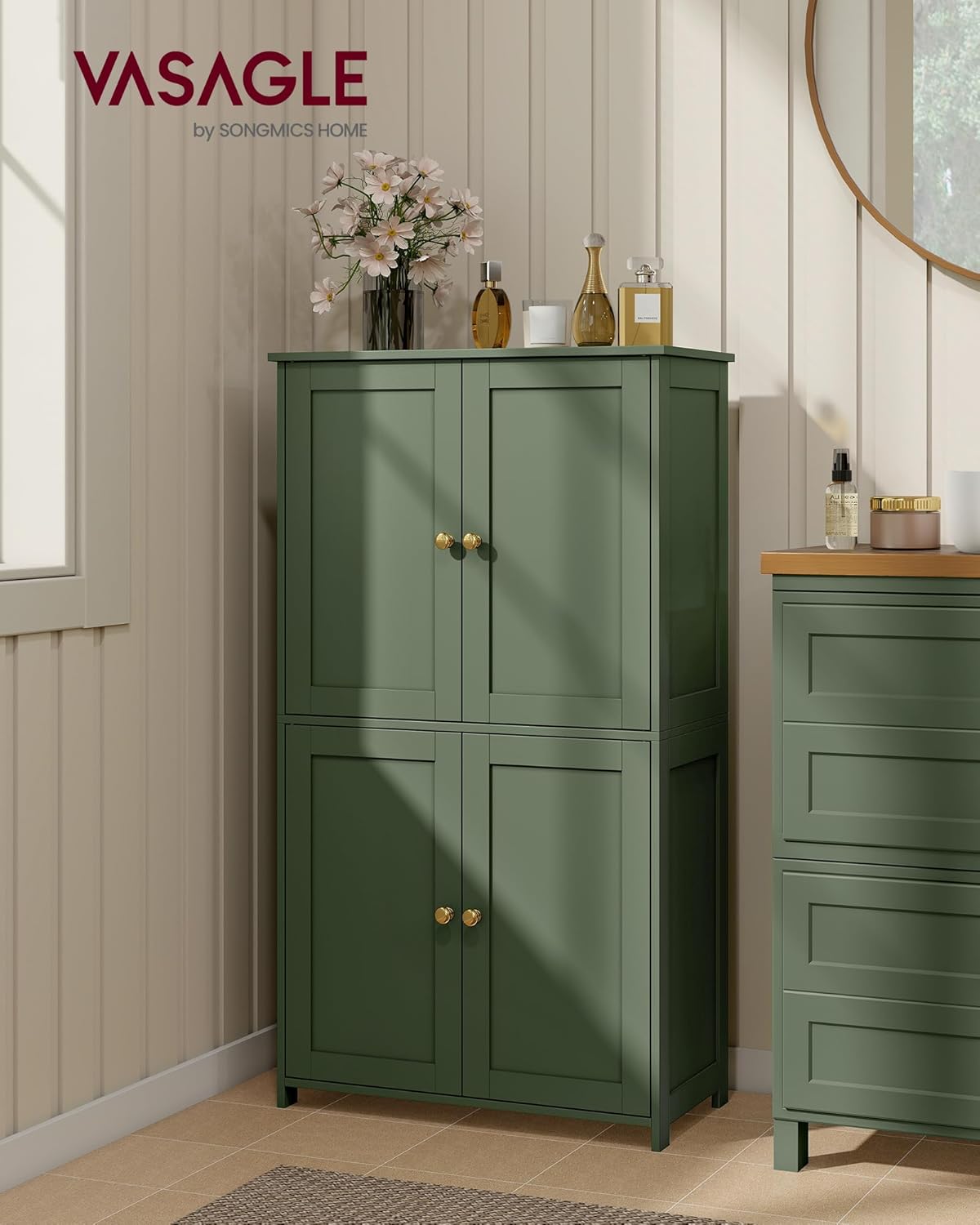 VASAGLE Floor Storage Cabinet, Shaker Cabinet with 2 Adjustable Shelves, 4 Doors, Tall Freestanding Organizer Unit, for Kitchen Bathroom Living Room, Forest Green UBBC553CH01S