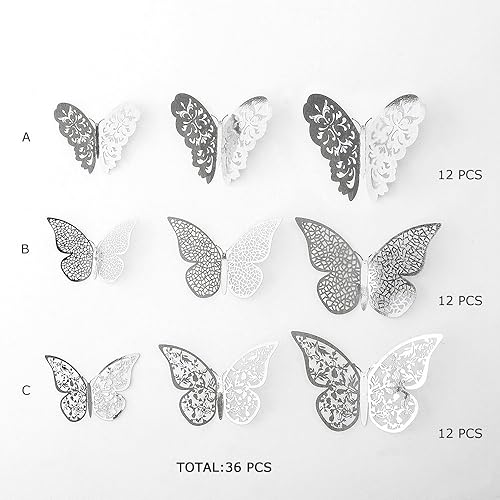 Miniatura 9 de Calcomanías PinkBlum de pared, diseño 3D con diseño de mariposas, 36 unidades, murales de papel decorativo para manualidades, para salas,