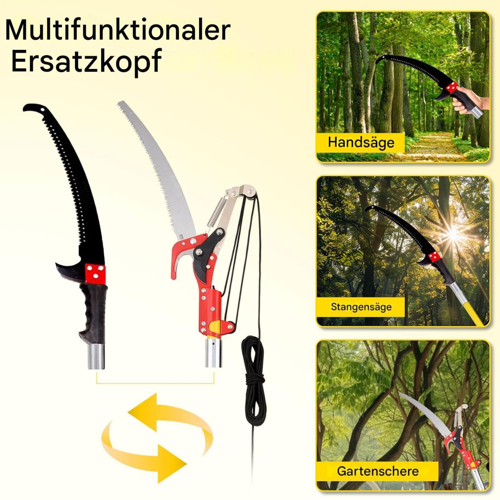 Scie à élaguer avec manche télescopique 3 en 1, 8 m, élagueuse et élagueuse avec câble à ressort | Scie légère pour l'entretien du jardin et l'élagage des arbres | Avec sac de transport et lame de