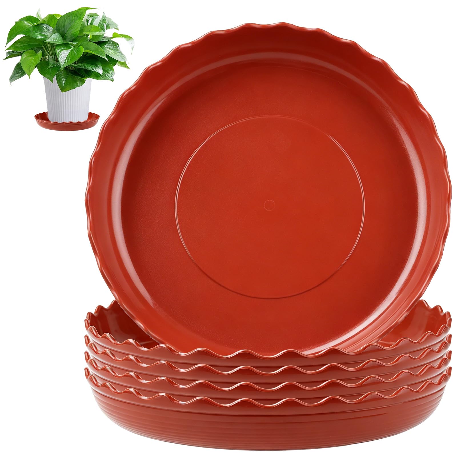 Ruytx 6pcs Plant Pot Saucers 20cm Reddish-brown Flower Pot Drip Trays Circular Wavy Pattern Plastic Planter Saucers Durable Thicker for Plant Pots Indoor/Outdoor Garden Horticulture Household