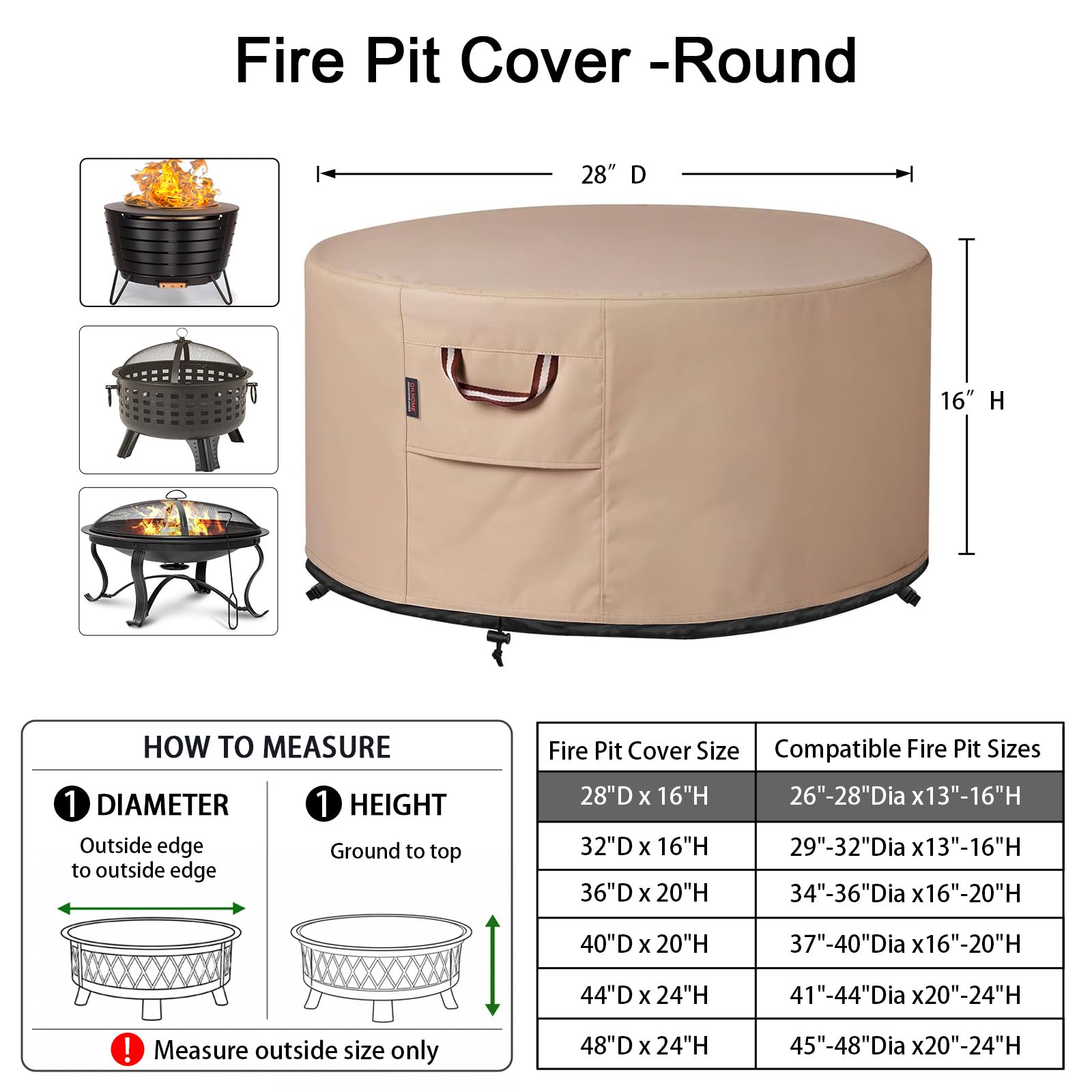 QH.HOME Feuerschalenabdeckung, rund, 63,5 - 71,1 cm, strapazierfähig, 900D, stark, reißfest, UV-beständig, wasserdicht und lichtbeständig, Polyester, Feuerstelle, rund, für Feuerstelle, Weizen