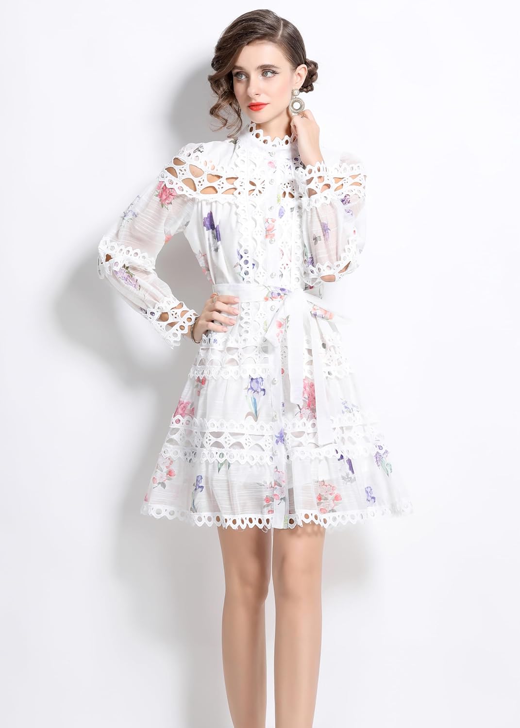 LAI MENG FIVE CATS Women's Hollow Out Lace Puff Sleeves Floral Print Button up Casual Mini Dress - Image 2