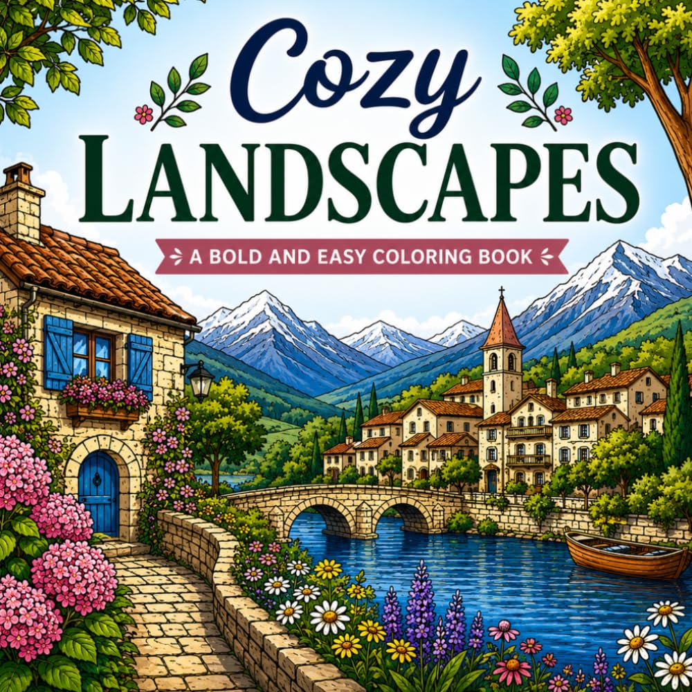 Cozy Landscapes: A Bold and Easy Coloring Book with 45 Relaxing Destinations, Gardens, Mountains, and Villages for Adults and Teens