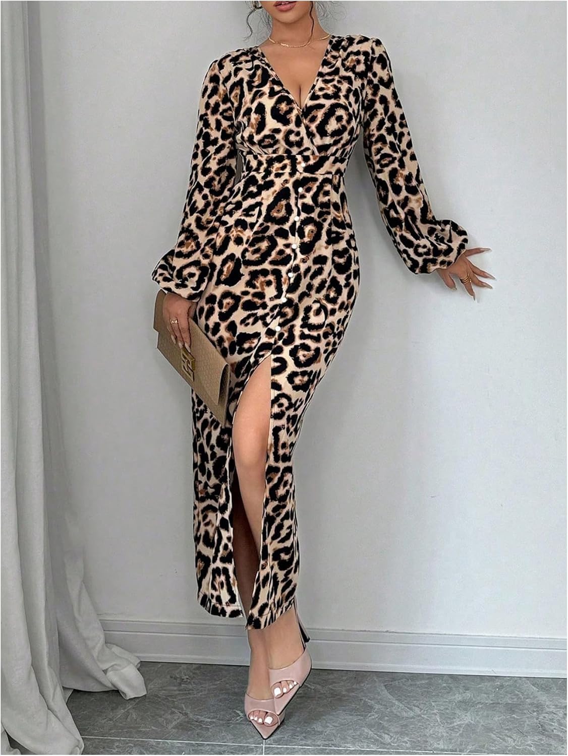 Floerns Women's Cheetah Print V Neck Split Bodycon Dress Lantern Sleeve Party Cocktail Maxi Dresses - Image 4