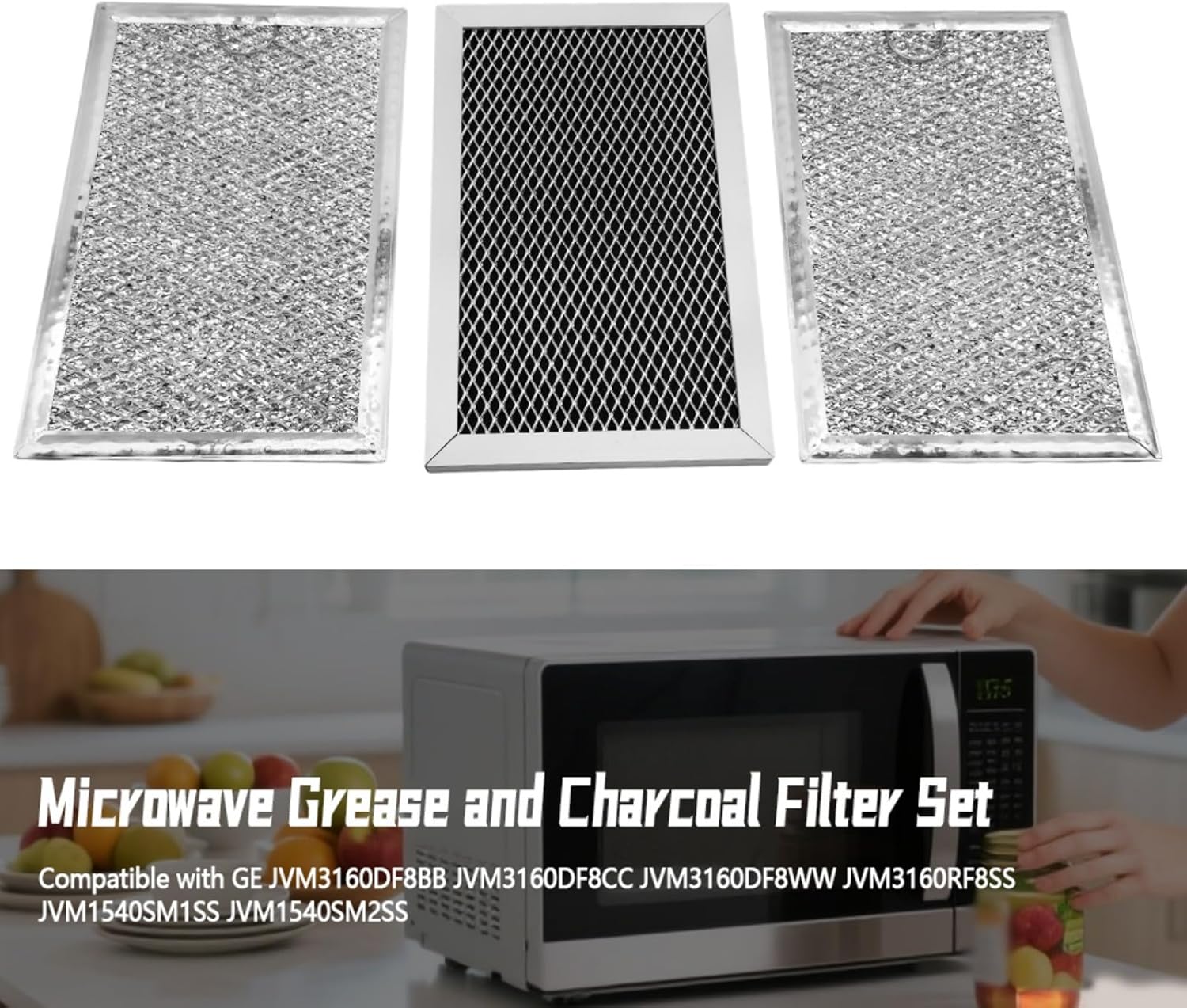 Microwave Charcoal & Grease Filter Set Compatible with GE JVM3160DF8BB JVM3160DF8CC JVM3160DF8WW JVM3160RF8SS JVM1540SM1SS JVM1540SM2SS